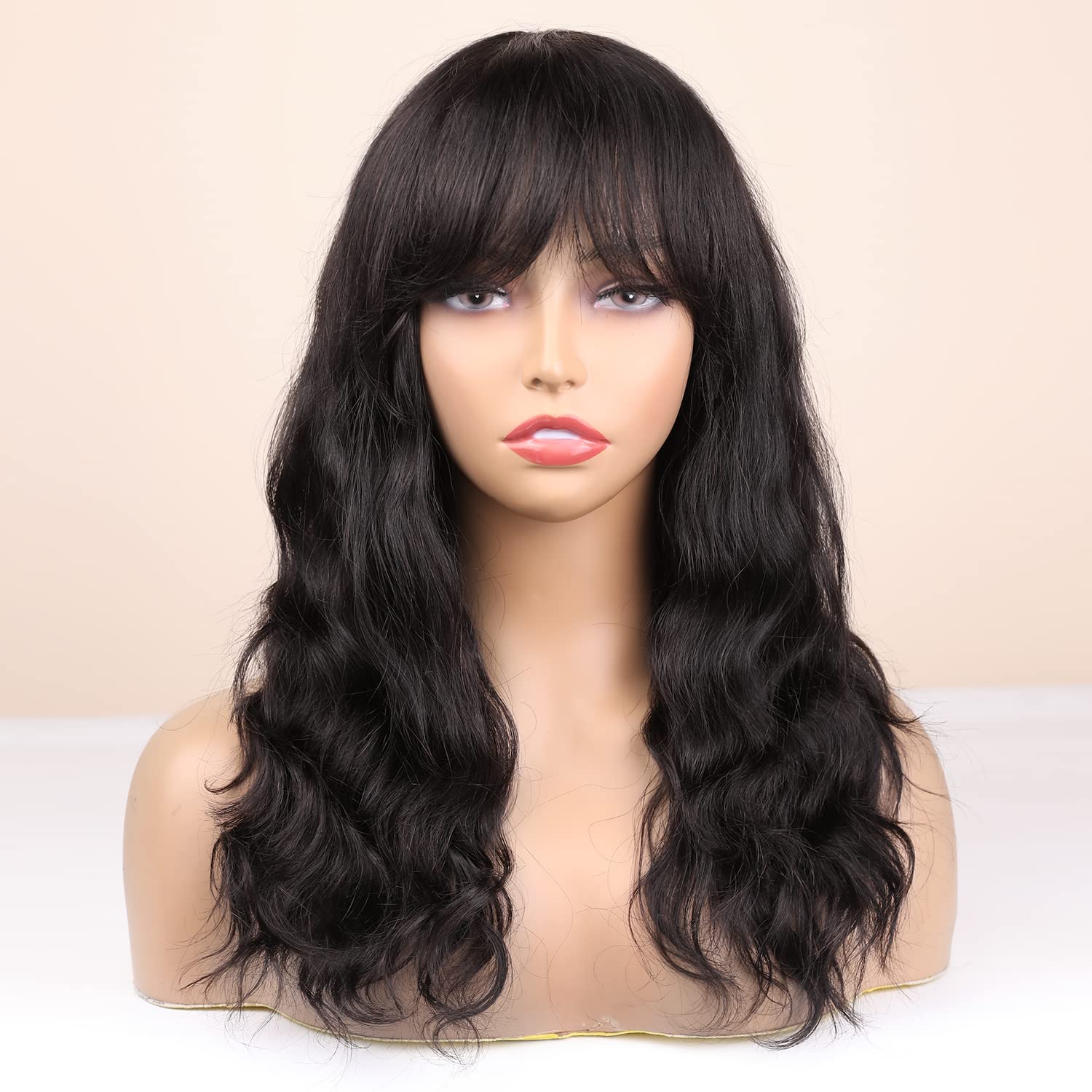 Wignee 100% Virgin Human Hair Natural Wave Wigs With Bangs Brazilian Human Hair Wave Wigs Natural Black Color (16 Inch)