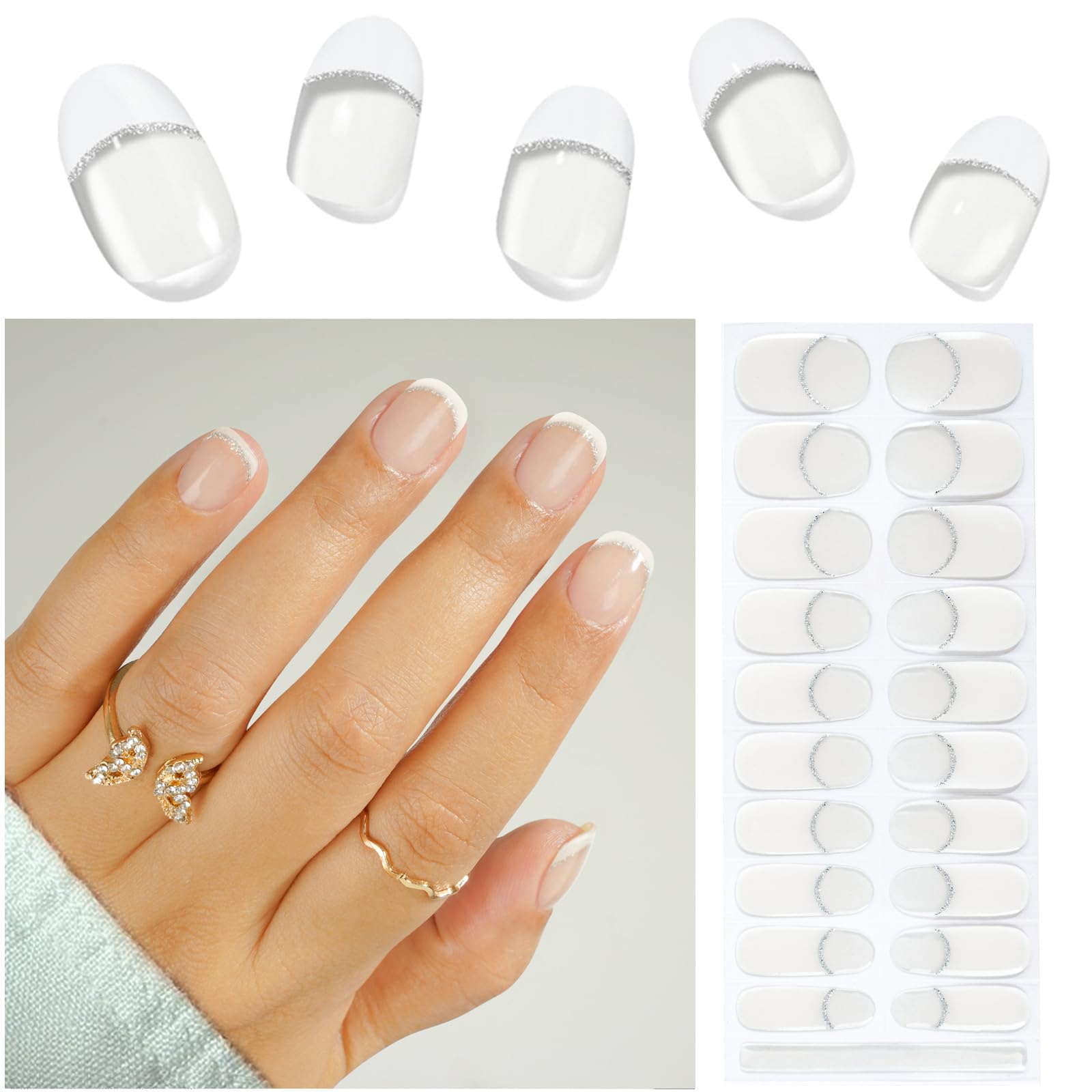 CANVALITE 20pcs Semi Cured Gel Nail Strips kit for Women,Gel Nail Wraps Soft Press-Ons(White French Tip),UV Gel Nail Stickers Re