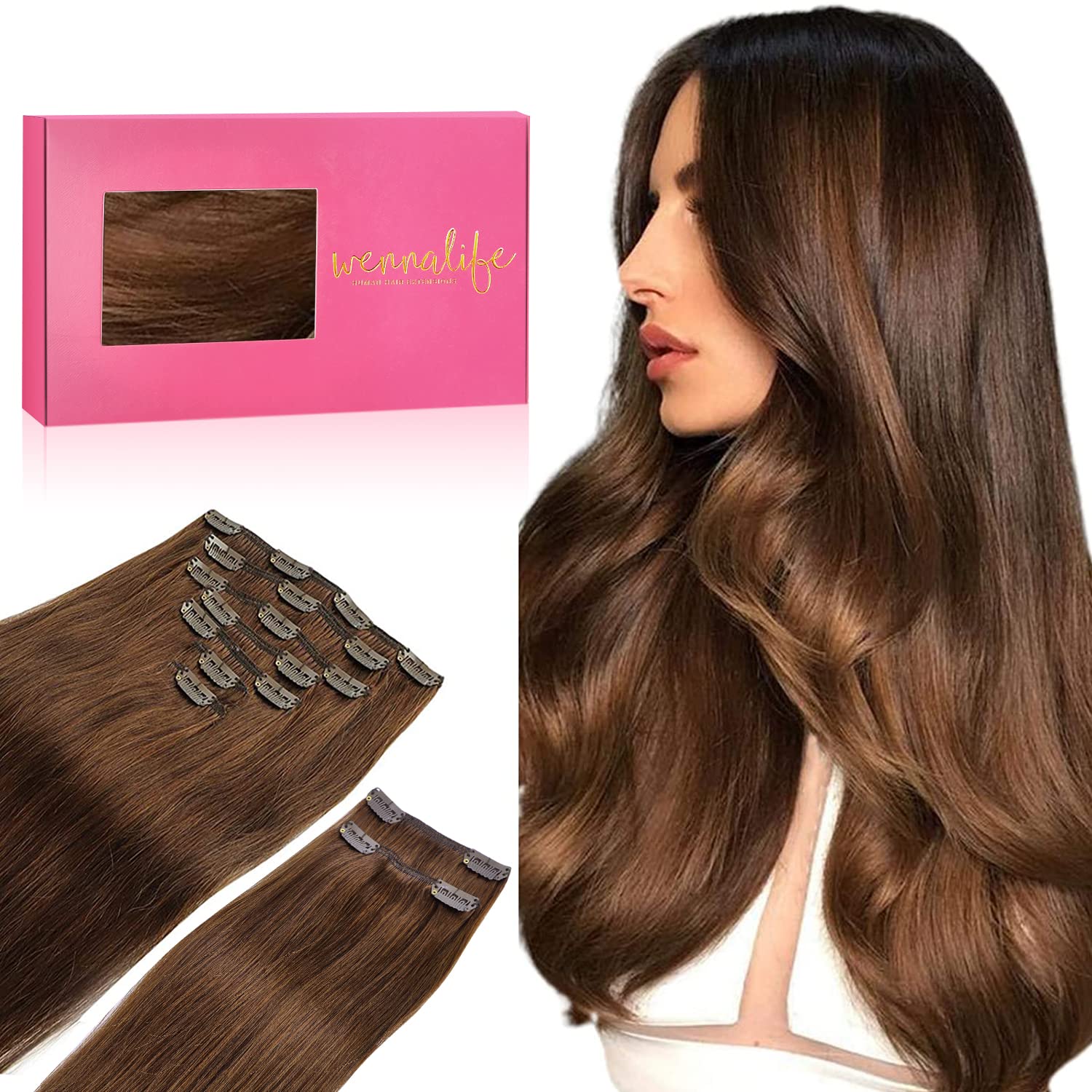 Wennalife Clip In Hair Extensions, 150G 24 Inch 9Pcs Chocolate Brown Human Hair Extensions Thicker Clip In Hair Extensions Real