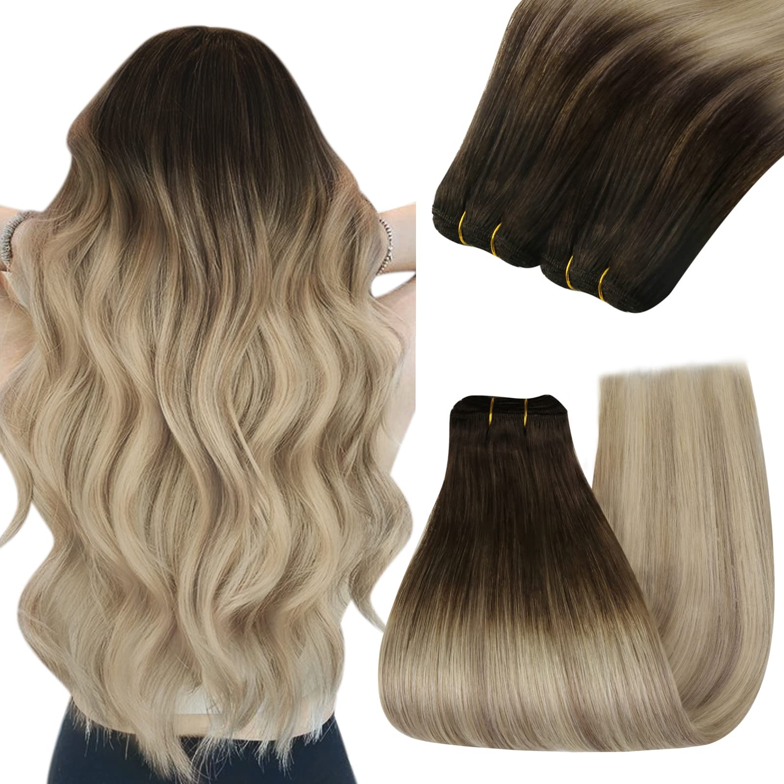 YoungSee 100G 14Inch Sew in Hair Extensions Ombre Blonde Human Hair Weft Extensions Dark Brown Base with Medium Ash Blonde and L