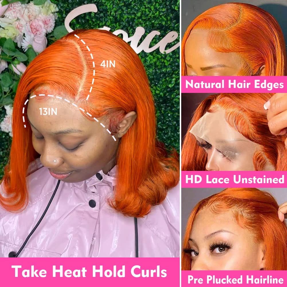 UCUVIC Ginger Lace Front Wigs Human Hair Bob Wig 13x4 Frontal Glueless Wigs Human Hair Pre Plucked, Color #350 Bob Wigs Ginger W