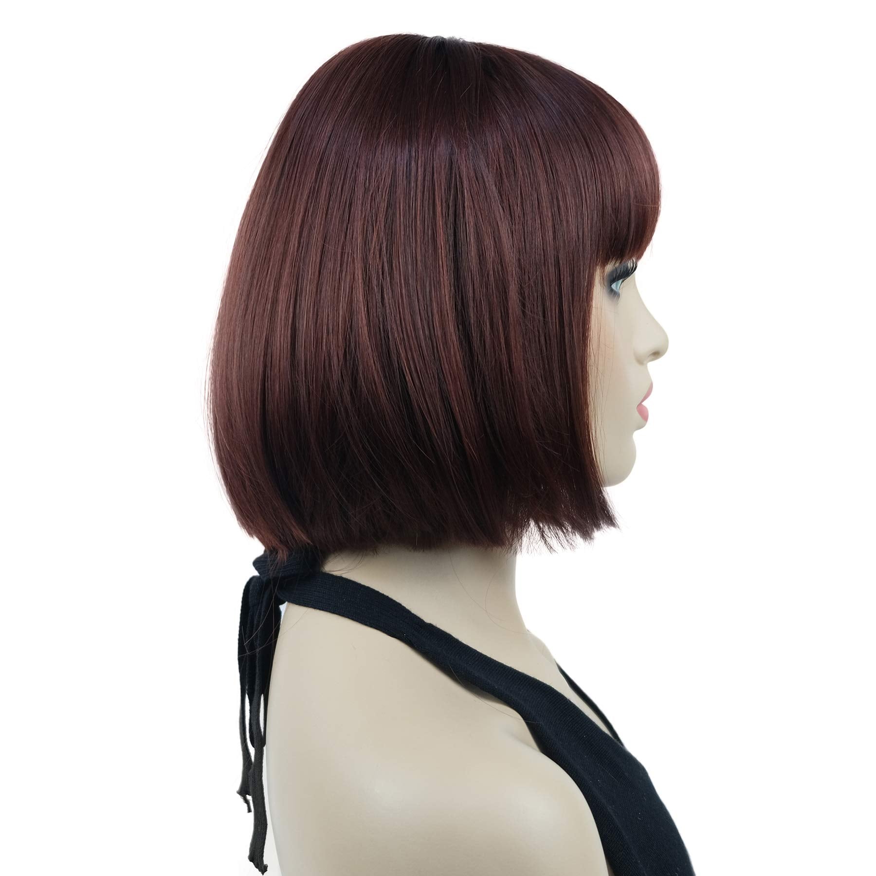 Lydell 8'' Straight Short Bob Hair Flat Bangs Cute Central Dot Skin Top Heat Resistant Synthetic Wigs (33A Dark Auburn)