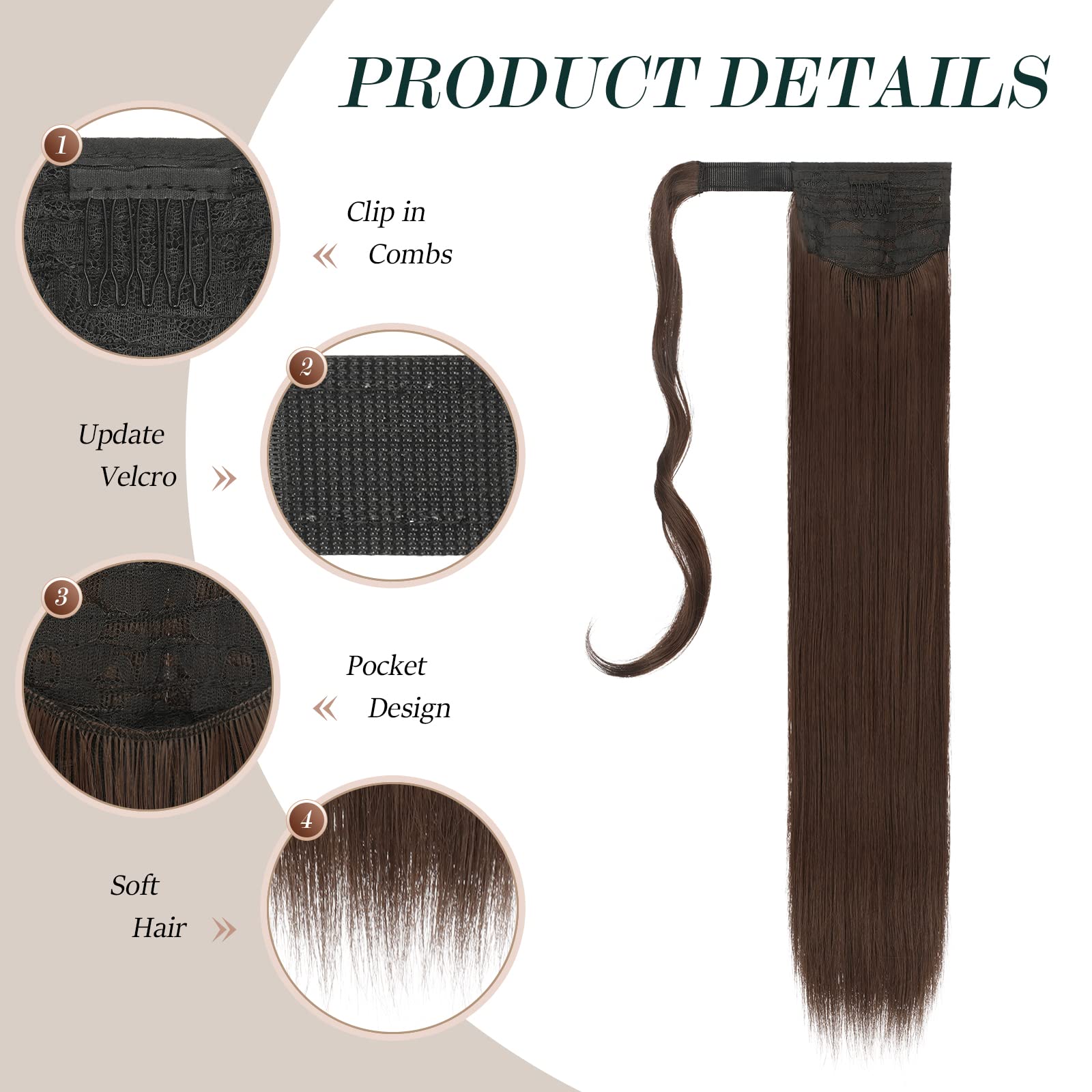 Feshfen Straight Long Ponytail Extensions 28 Inch Medium Brown Wrap Around Synthetic Hair Piece Pony Tail Hair Extensions Hairpi