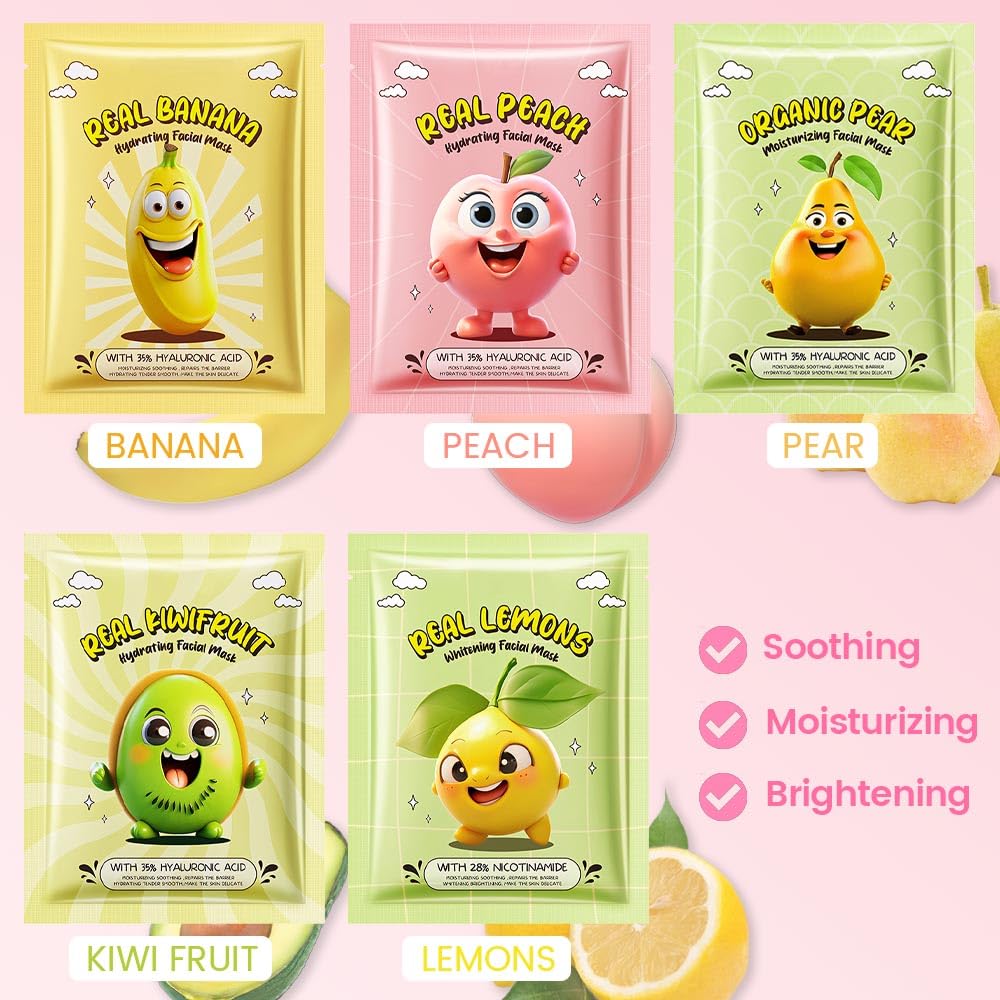 Kaely 10 Pack Fruit Face Masks For Kids, Spa Party Facial Mask Skincare Set, Sheet Masks Skin Care, Moisturize Brighten Soothe F