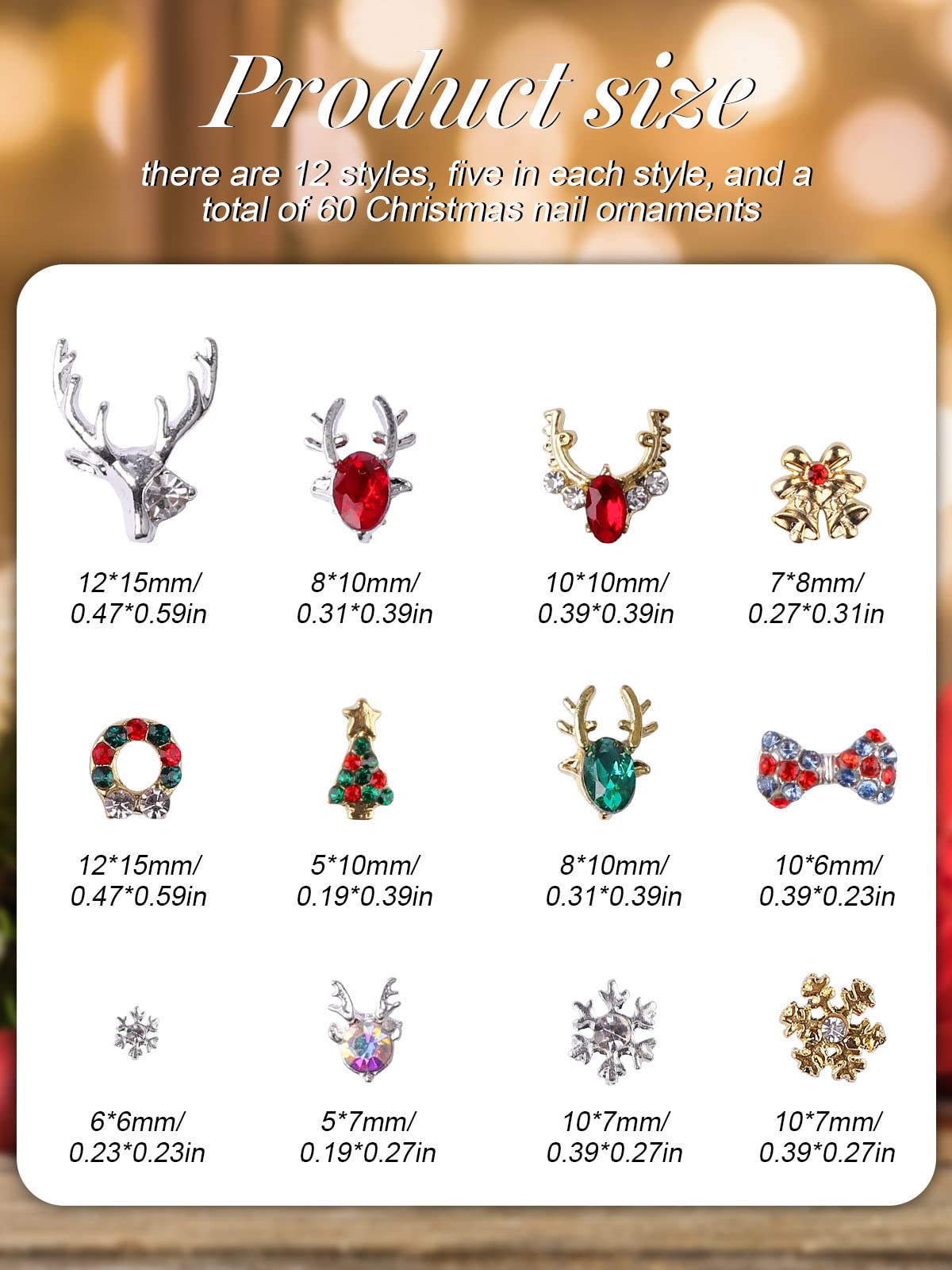 EBANKU 60 Pcs Nail Charms Decorations 3D Colorful Charms for Nails Alloy Christmas Tree Bell Elk Snowflake Nail Art Charms Rhine