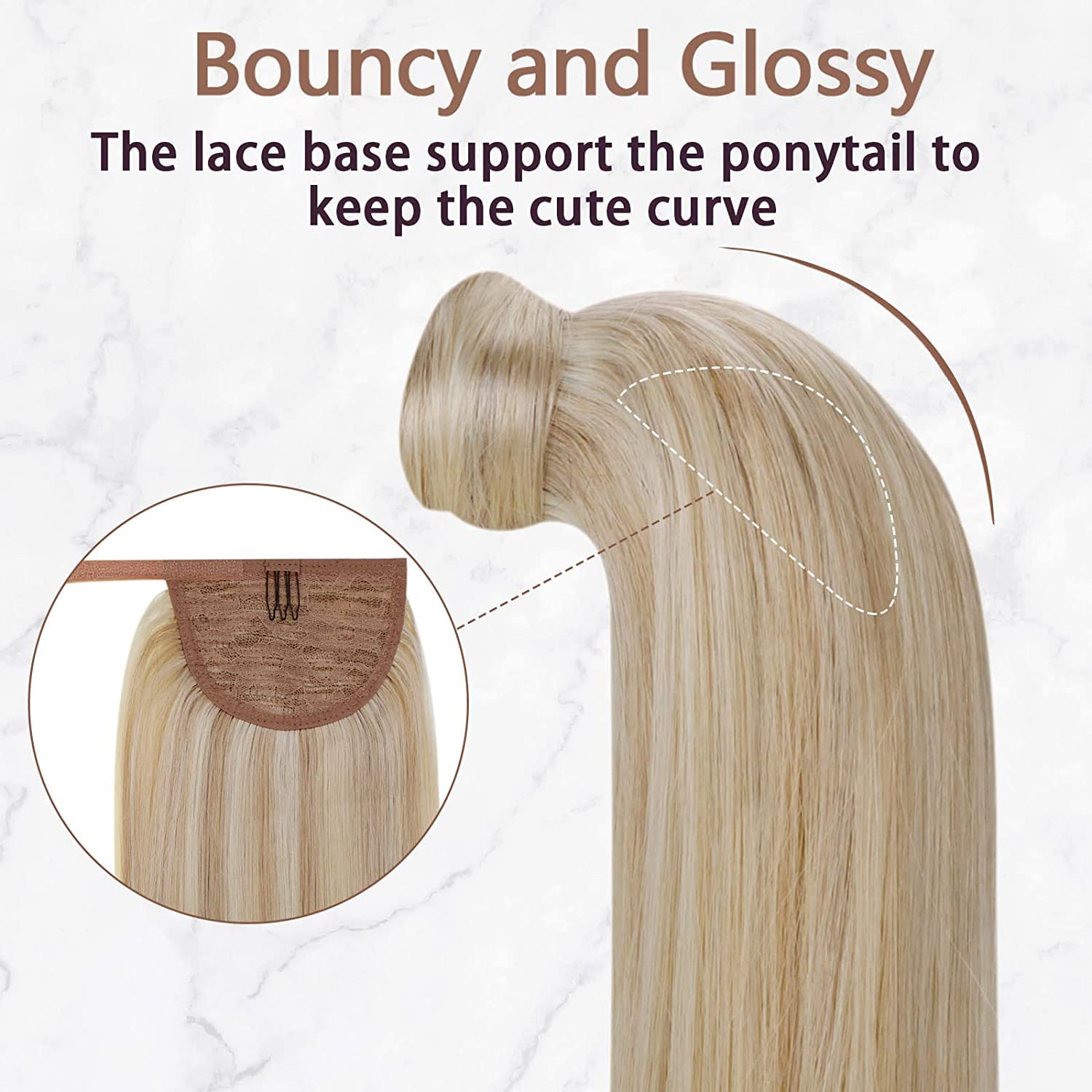Runature 16 Inch Ponytail Extension Human Hair Ash Blonde With Platinum Blonde Human Hair Ponytail With Clip Full Ends Long Real