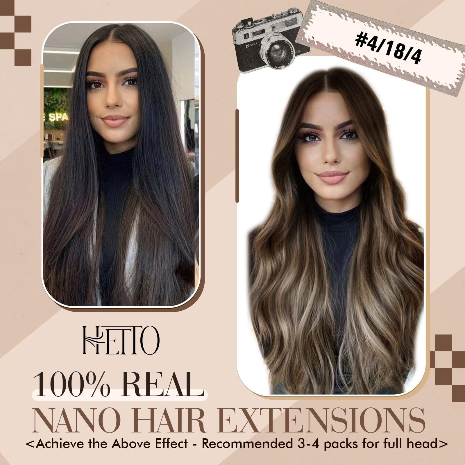 Hetto Nano Ring Human Hair Extensions Balayage Nano Beads Hair Extensions Human Hair #4/18/4 Ash Blonde Dark Brown Nano Tip Hair