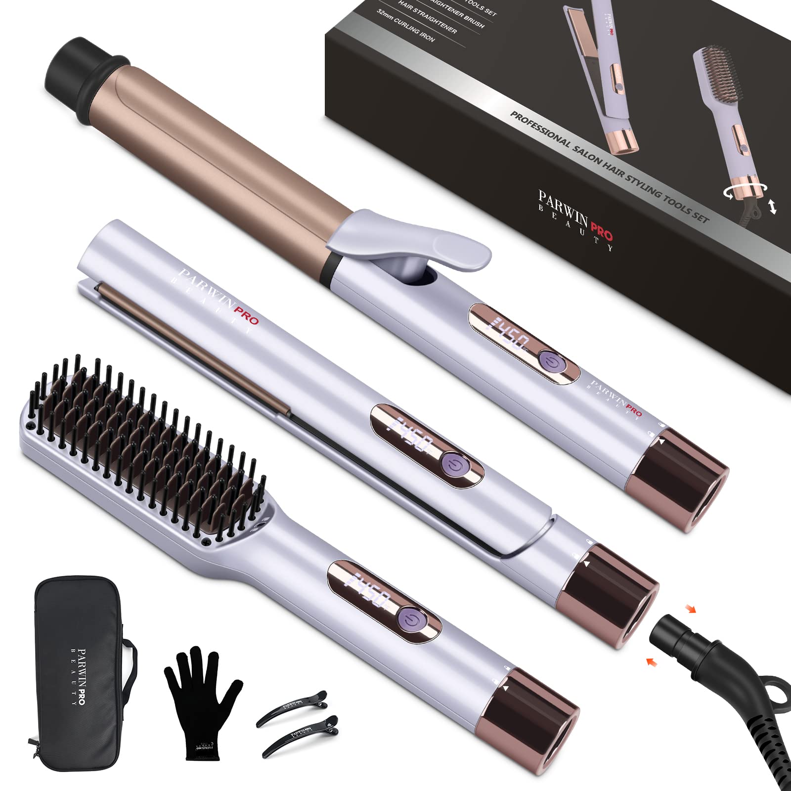 Hair Straightener and Curler, PARWIN PRO BEAUTY 1'' Flat Iron,1.25'' Curling Iron Hair Straightener Brush with Detachable Power 