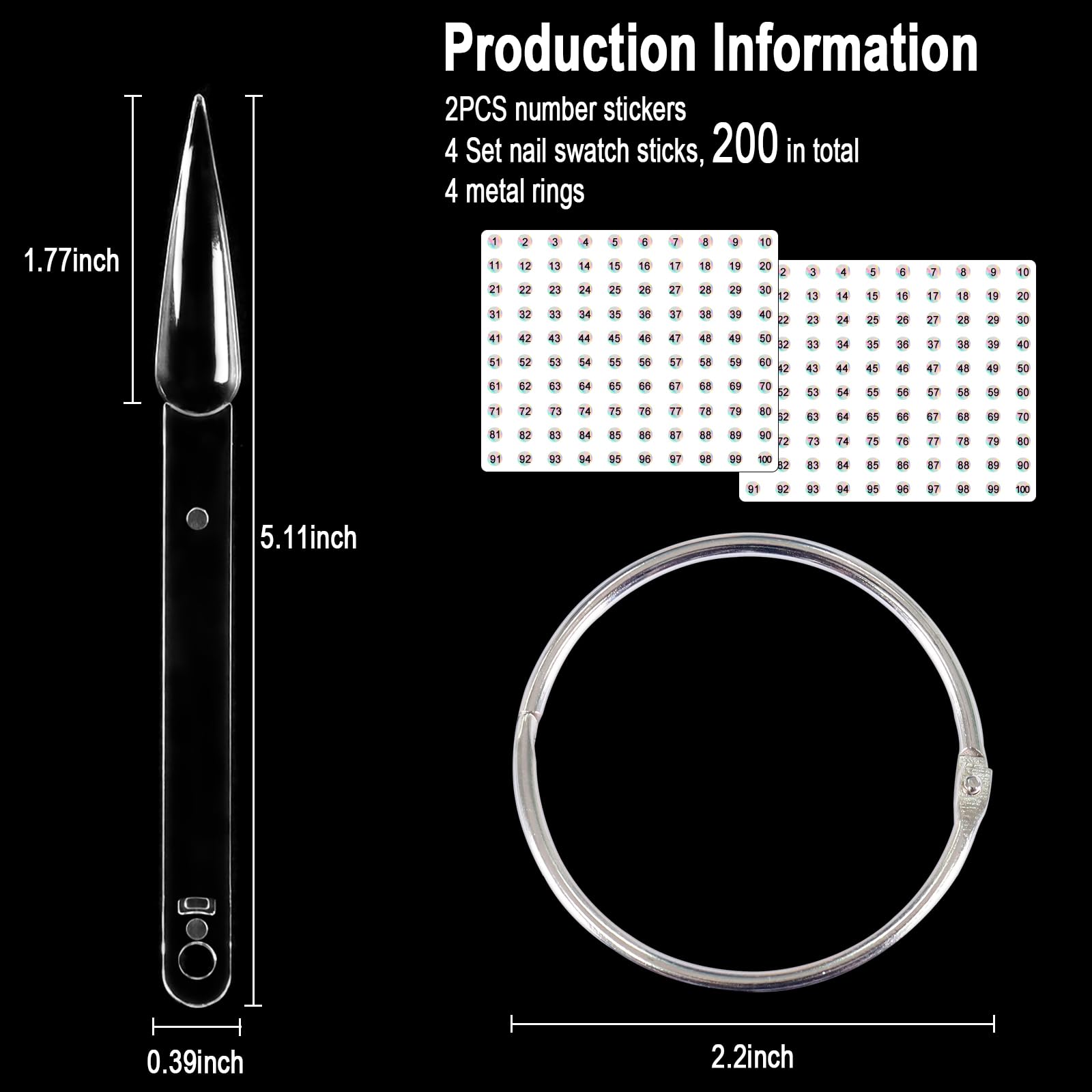 Allstarry 200 Pcs Clear & Natural Nail Swatch Sticks With Ring And Numbered Tips Pointed Shaped Nail Art Polish Display Tips, Fa