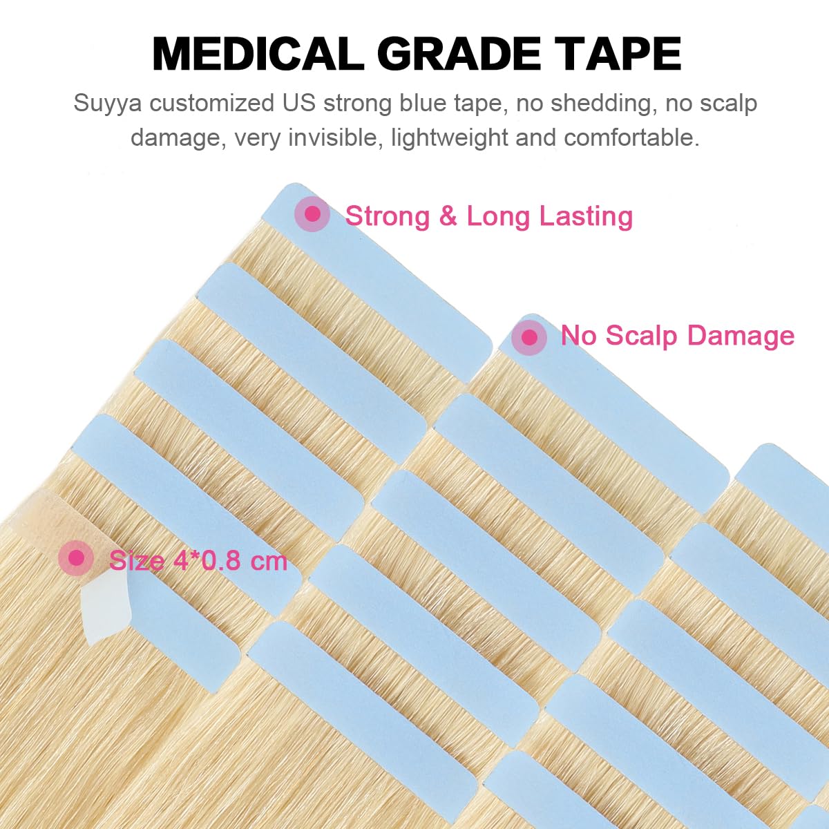 Suyya Tape In Hair Extensions Bleach Blonde 100% Real Human Hair 20 Inches 20Pcs 50G/Pack Straight Seamless Skin Weft Tape In Hu