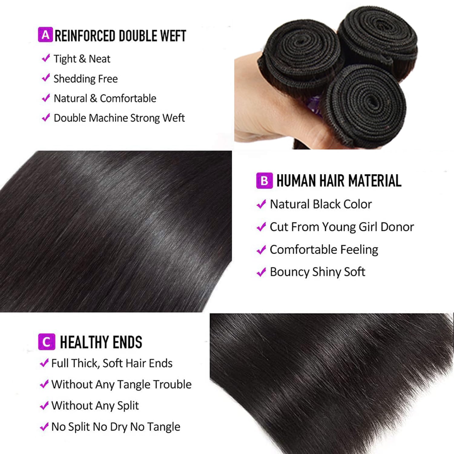 Brazilian Straight Bundles Human Hair (20 22 24 26) 100% Unprocessed Straight Weave 4 Bundles Human Hair 10A Grade Weave Bundles