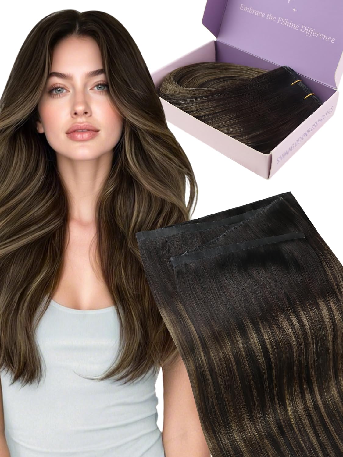 Fshine Butterfly Weft Hair Extension Real Human Hair, 18 Inch 50 g Genius Invisible Weft Natural Brown Blend 2/8/2 OVO Hole Micr