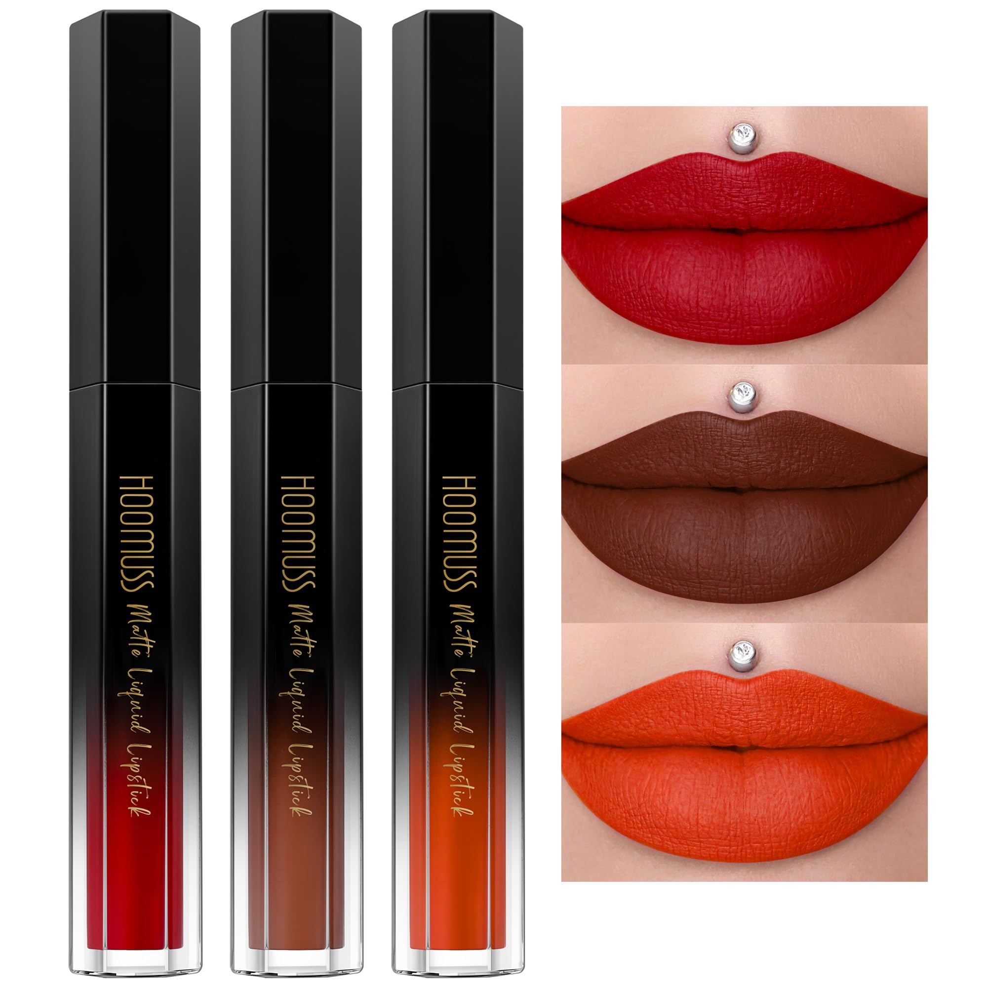 Hoomuss Red Lipstick Set Long Lasting 3Pc Matte Liquid Lipsticks For Women Non Transfer Smudgeproof Red Brown Orange Lipstick Ki