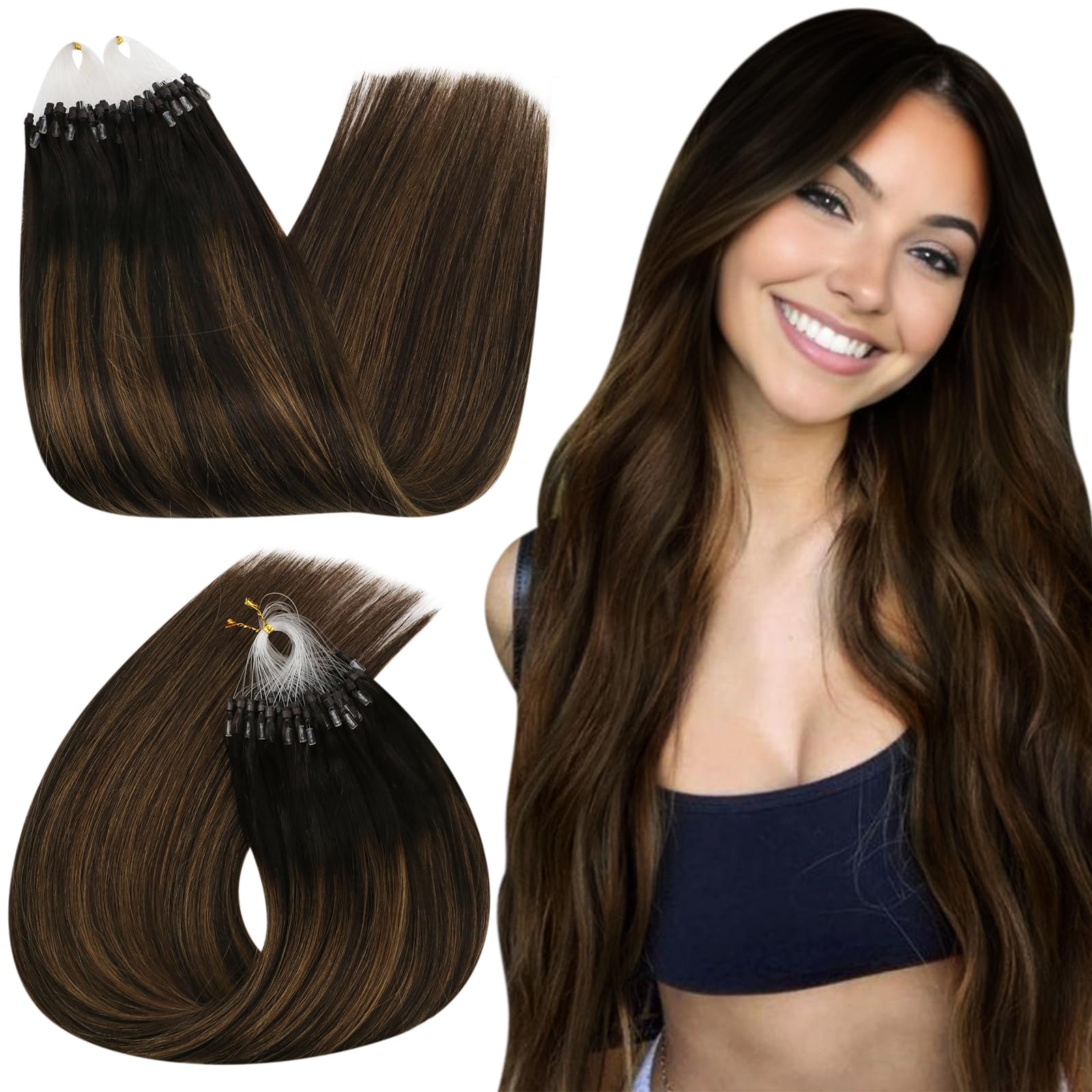 Ugeat Balayage Micro Hair Extensions Real Human Hair Dark Brown Mix Medium Brown Micro Link Hair Extensions Human Hair For Women