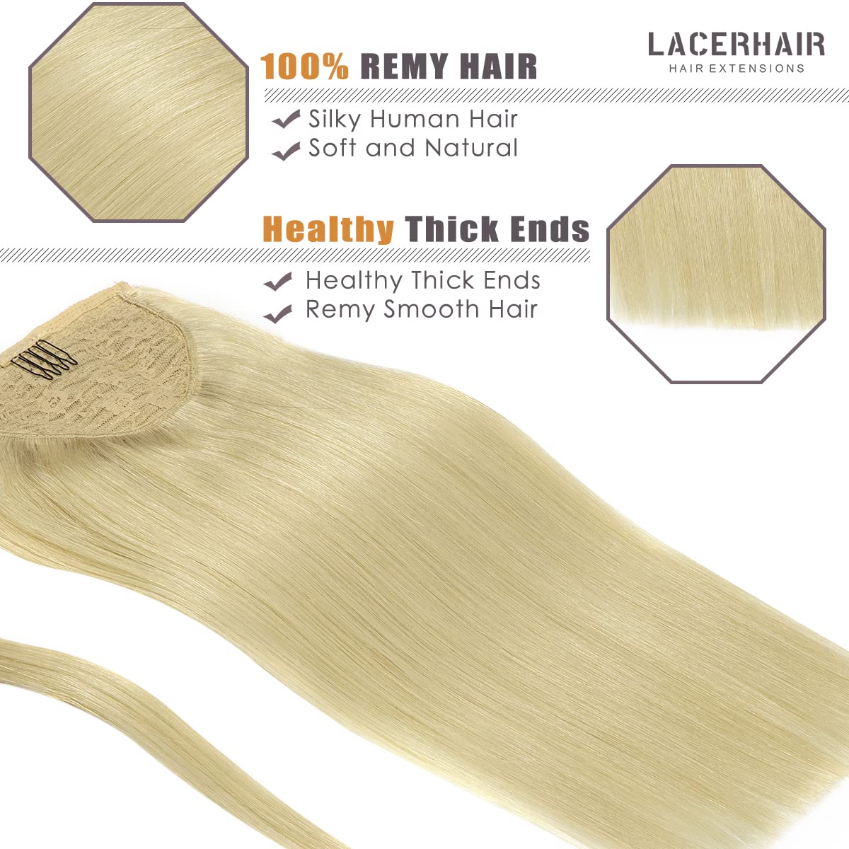 Lacer Wrap Around Ponytail Extension Human Hair Platinum Blonde Real Hair Ponytail Extension One Piece Silky Straight 70 Grams 1