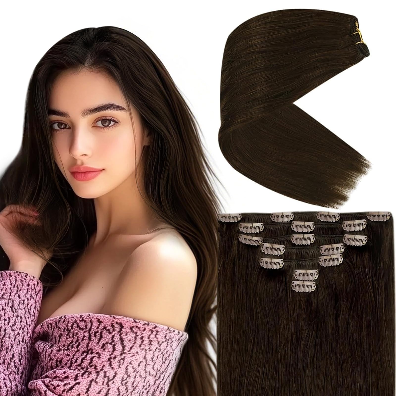 Ve Sunny Human Hair Clip in Extensions Remy Real Human Hair for Women, Medium Chocolate Brown, 16inch 7pc 120g, Soft Straight Ex