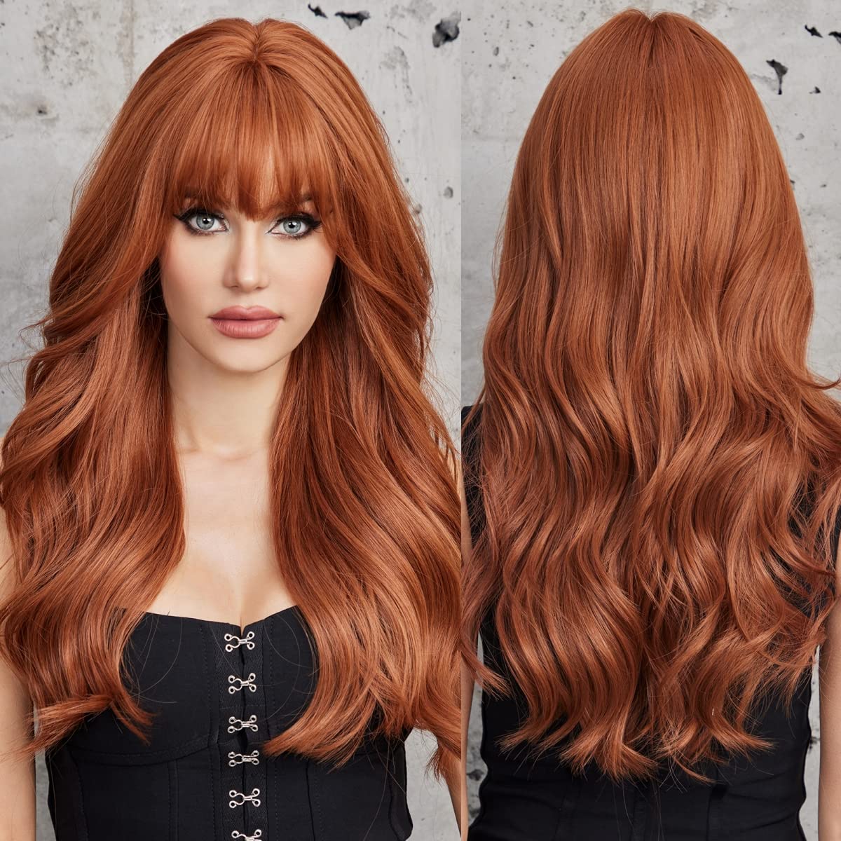 EMMOR Orange Brown Long Wigs for Women, Natural Wavy wig with Bangs Heat Resistant Fiber Synthetic Wigs for Daily Party(Strawber