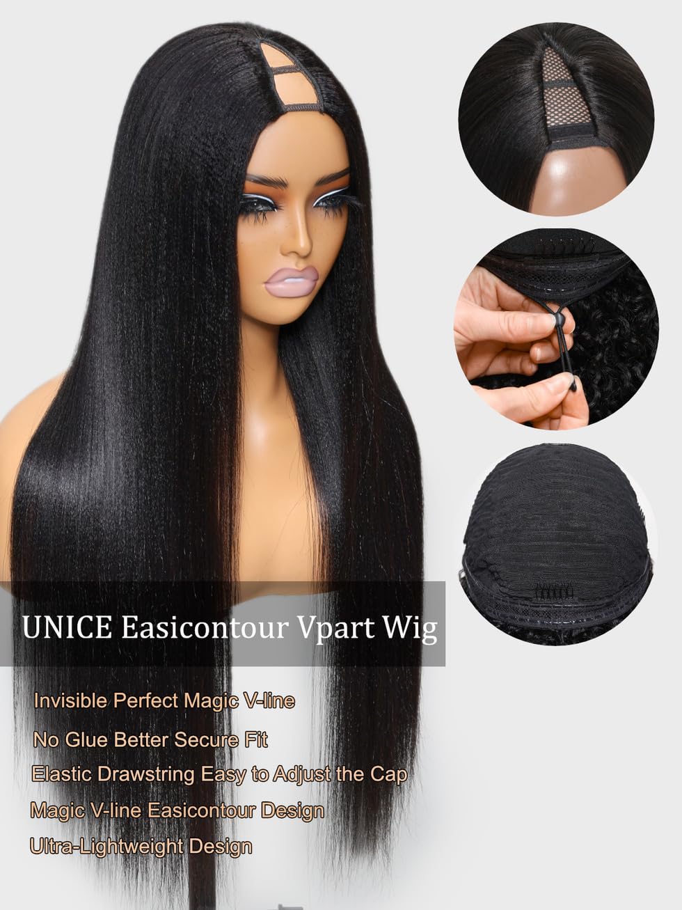 Unice Easicontour V Part Wigs Human Hair Yaki Straight Glueless Wigs Human Hair Clip In Vpart Wig No Sew In No Glue Upgrade U Pa