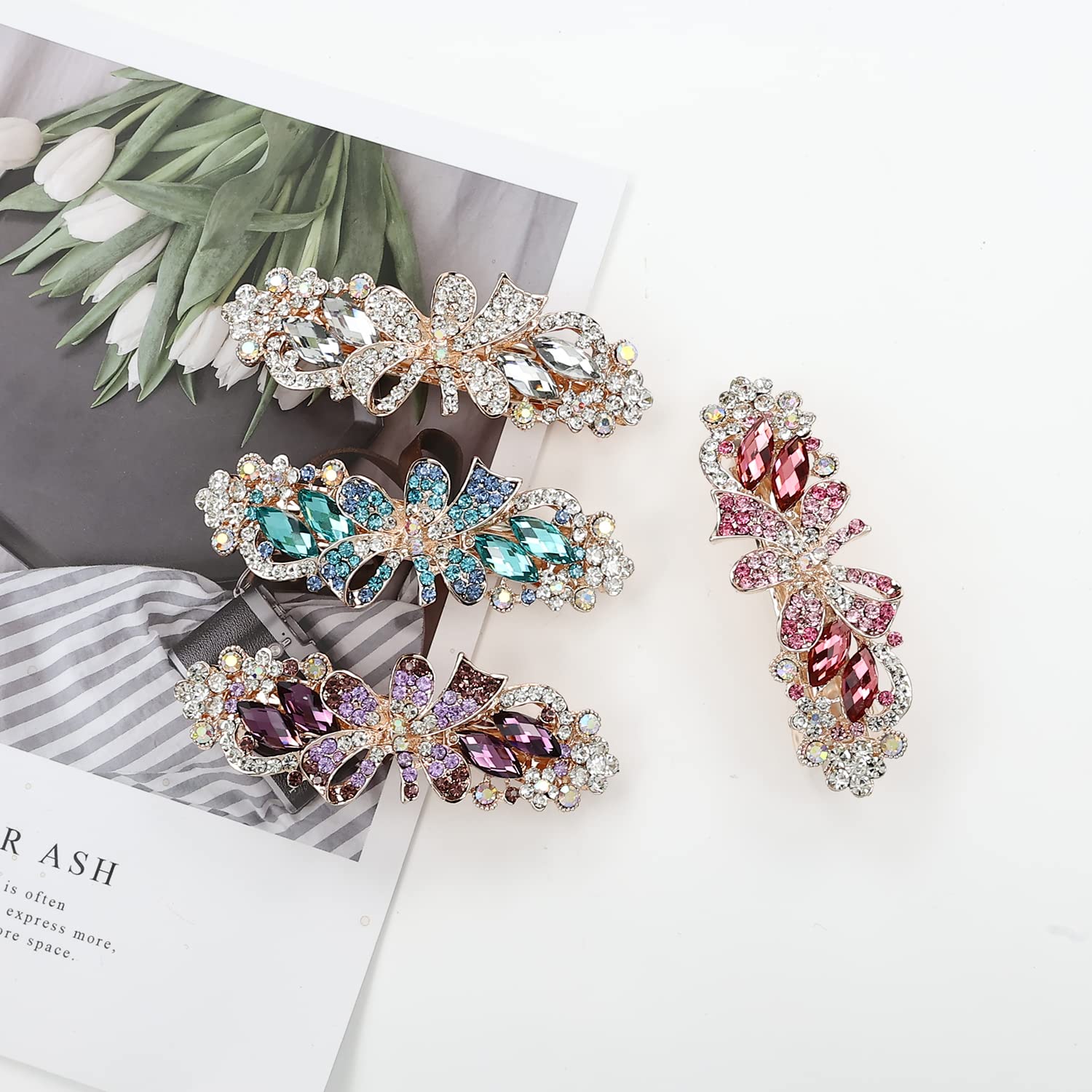 Insowni 4 Pack Luxury Glitter Sparkly Jeweled Gems Korean Decorative Crystal Rhinestone Flower Strong Metal French Barrettes Sna