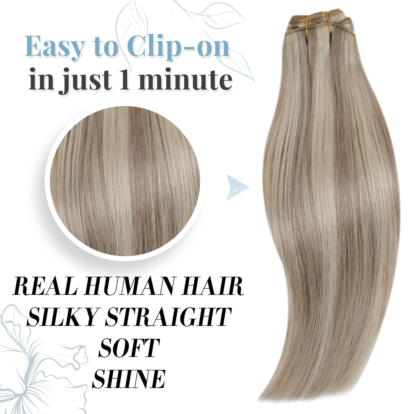 Runature Human Hair Clip In Extensions Grey Blonde Highlight Platinum Blonde Hair Extensions Clip Ins 20 Inch 120G Real Hair Cli