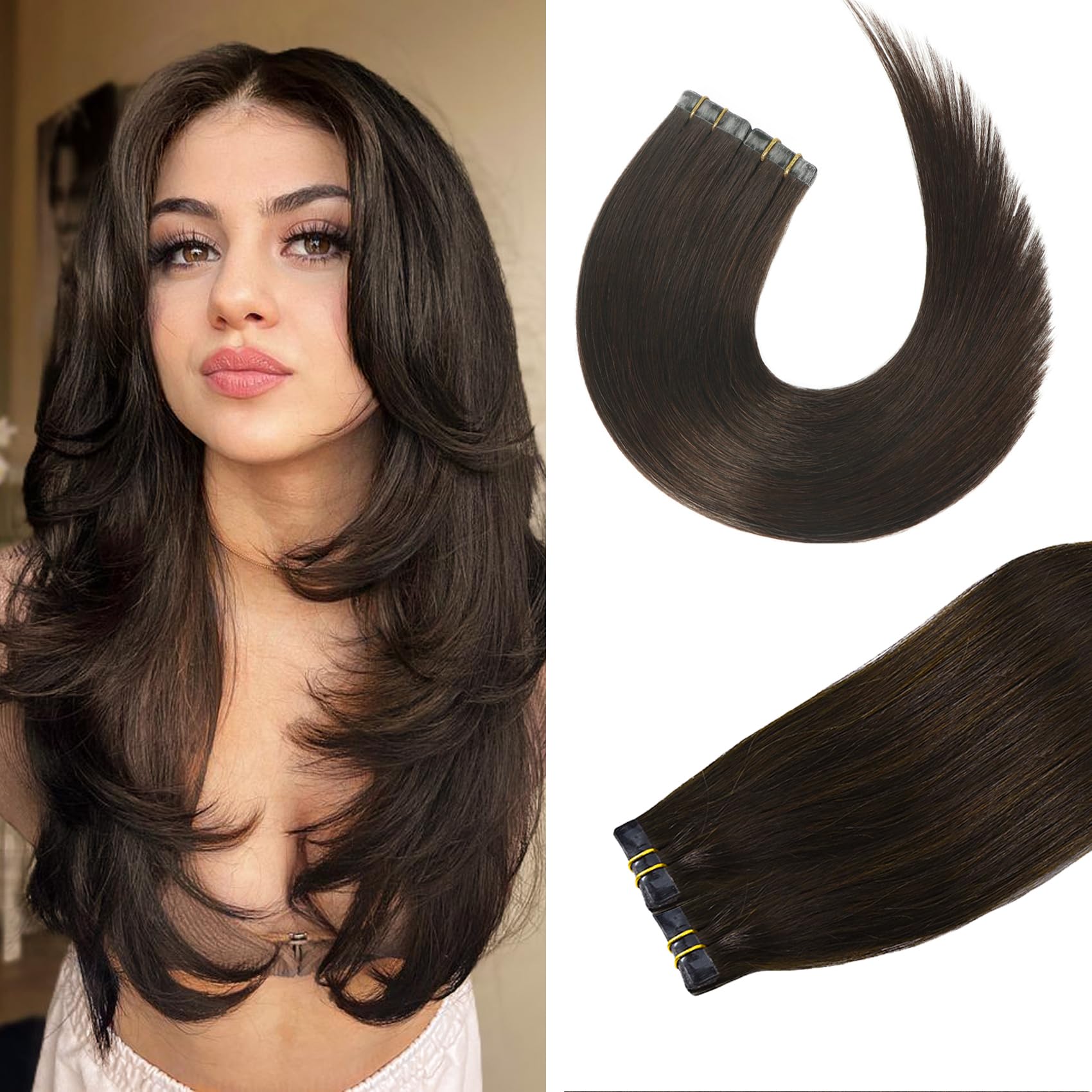 Aison Tape In Hair Extensions Human Hair Dark Brown 100% Remy Human Hair Extensions Silky Straight Tape In Hair Extensions Human