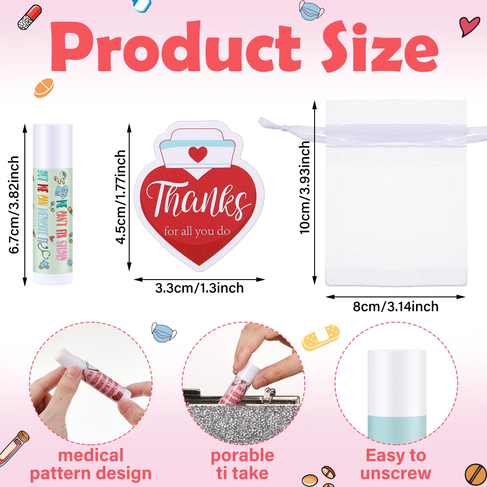 Heigble 36 Set Medical Assistant Gift MA Lip Balm Thank You Tag Organza Bag Medical Assistants Week Appreciation Gift for Doctor