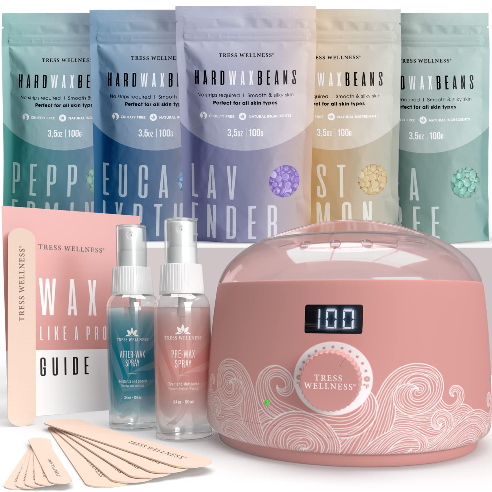 Tress Wellness Waxing Kit for Brazilian Wax - Easy to Use - For Sensitive Skin - Digital Display, Dusty Pink Air