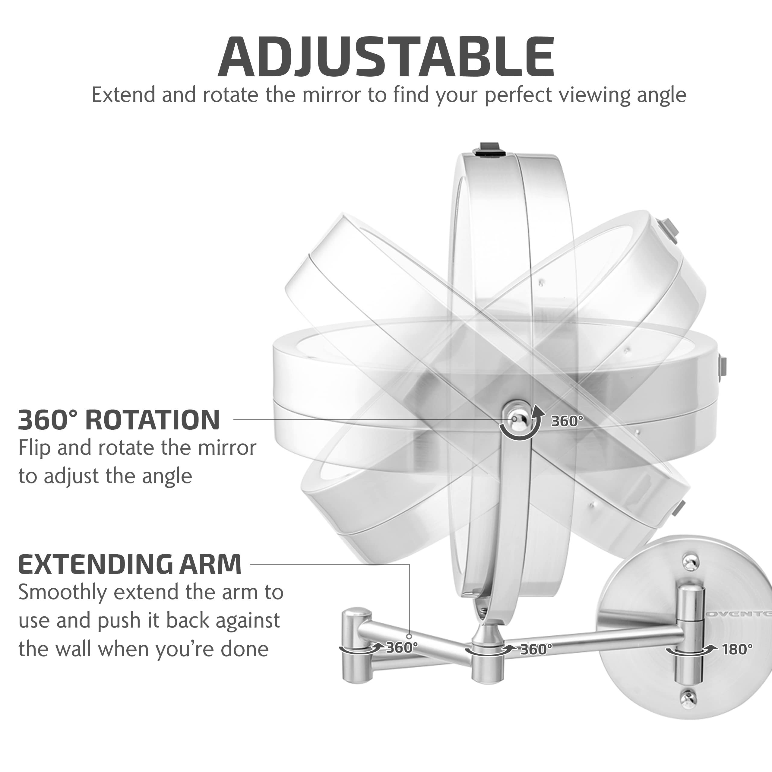 Ovente 8.6'' Lighted Wall Mount Makeup Mirror, 1X & 10X Magnifier, Adjustable Double Sided Round Led, Extend, Retractable & Fold