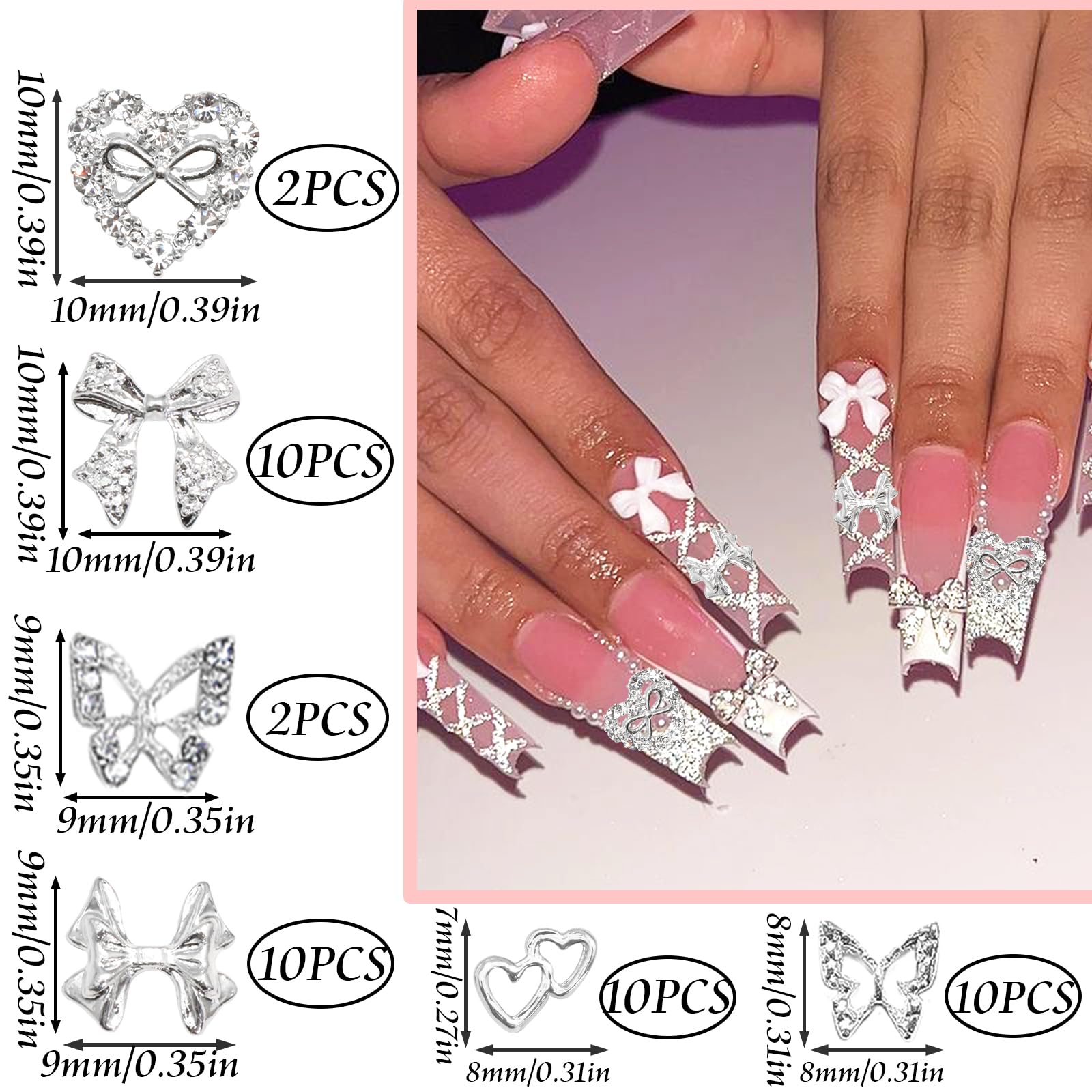 RODAKY 44PCS Silver Nail Charms Bow Butterfly Charms for Nails 3D Heart Nail Gems Y2K Nail Decoration for Women Girls Manicure D