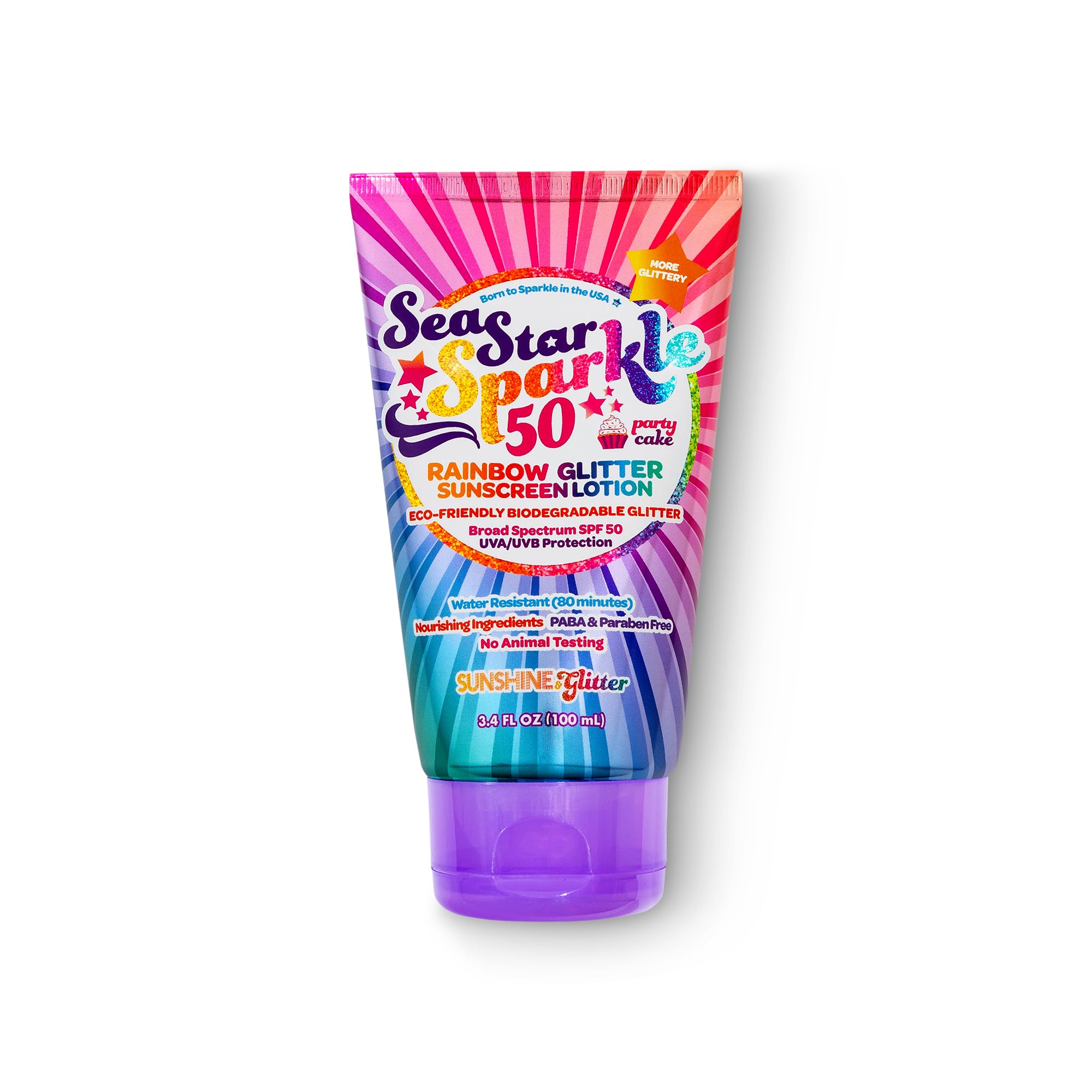 Seastar Sparkle - Rainbow Party Cake Scented Glitter Sunscreen - Spf 50 - Biodegradable Sunscreen, Kids, Water Resistant, Glitte