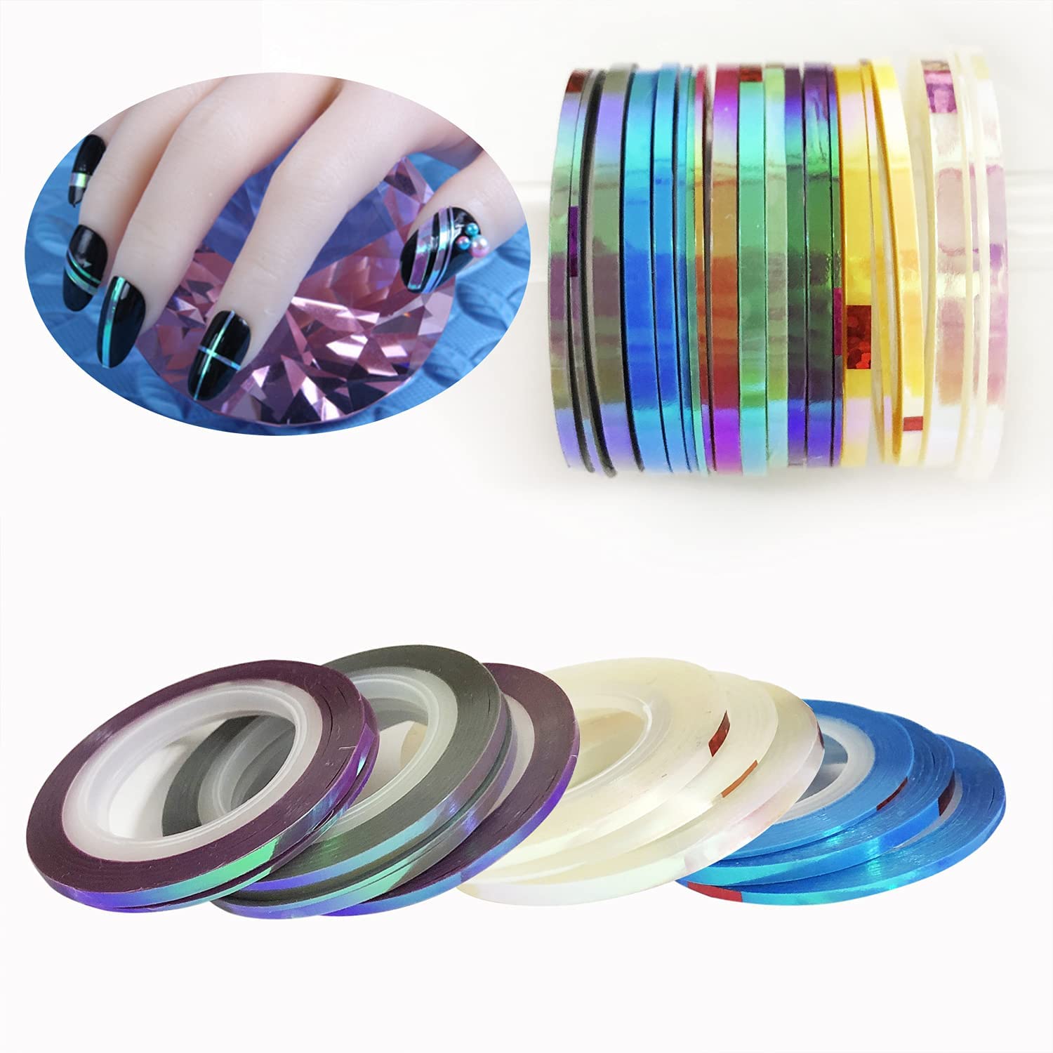 Candy Color Nail Art Striping Tape Lines,21 Rolls Laser Mermaid Nail Stripe,Self-Adhesive Nail Stickers,Purple Blue Nail Decals