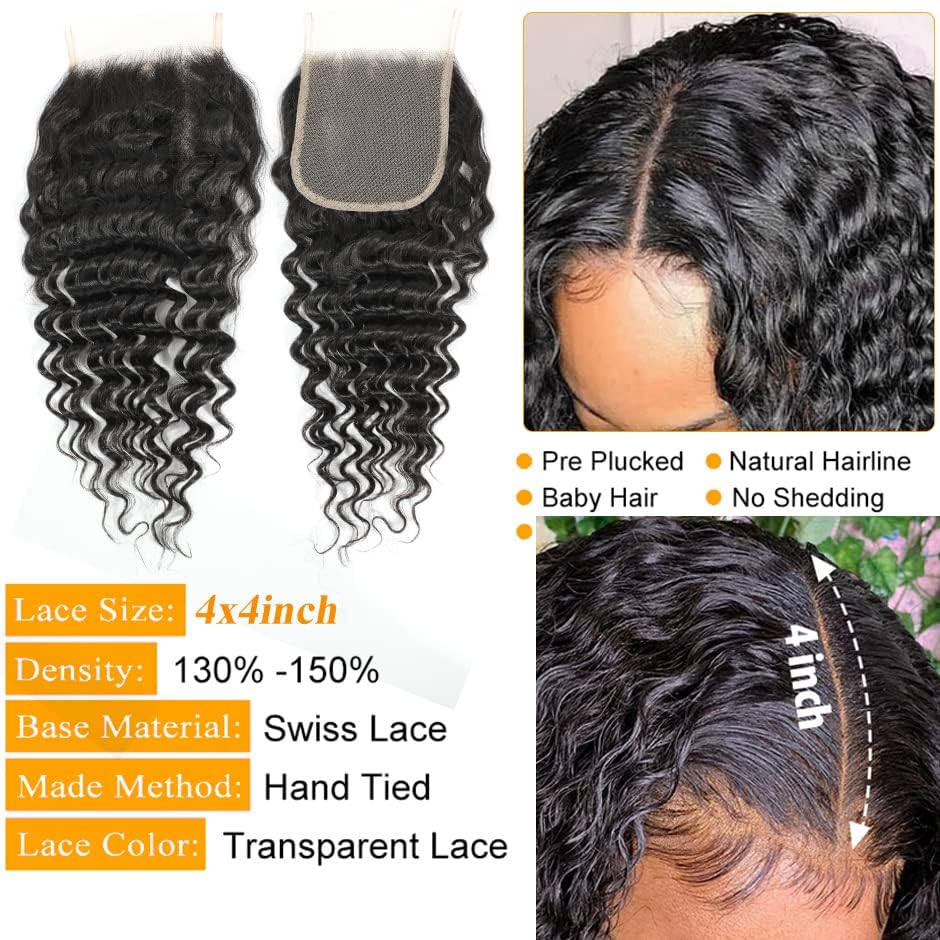 Qthair 14A Grade Brazilian Deep Wave Human Hair Closure 100% Unprocessed Brazilian Virgin Hair Deep Curly Hair (12'', 4X4 Closur