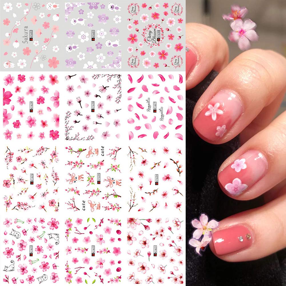 Flowers Nail Water Stickers Decals Pink Cherry Blossoms Tree With Leaves Nail Art Sliders Summer For Nail Art Decoration Waterma