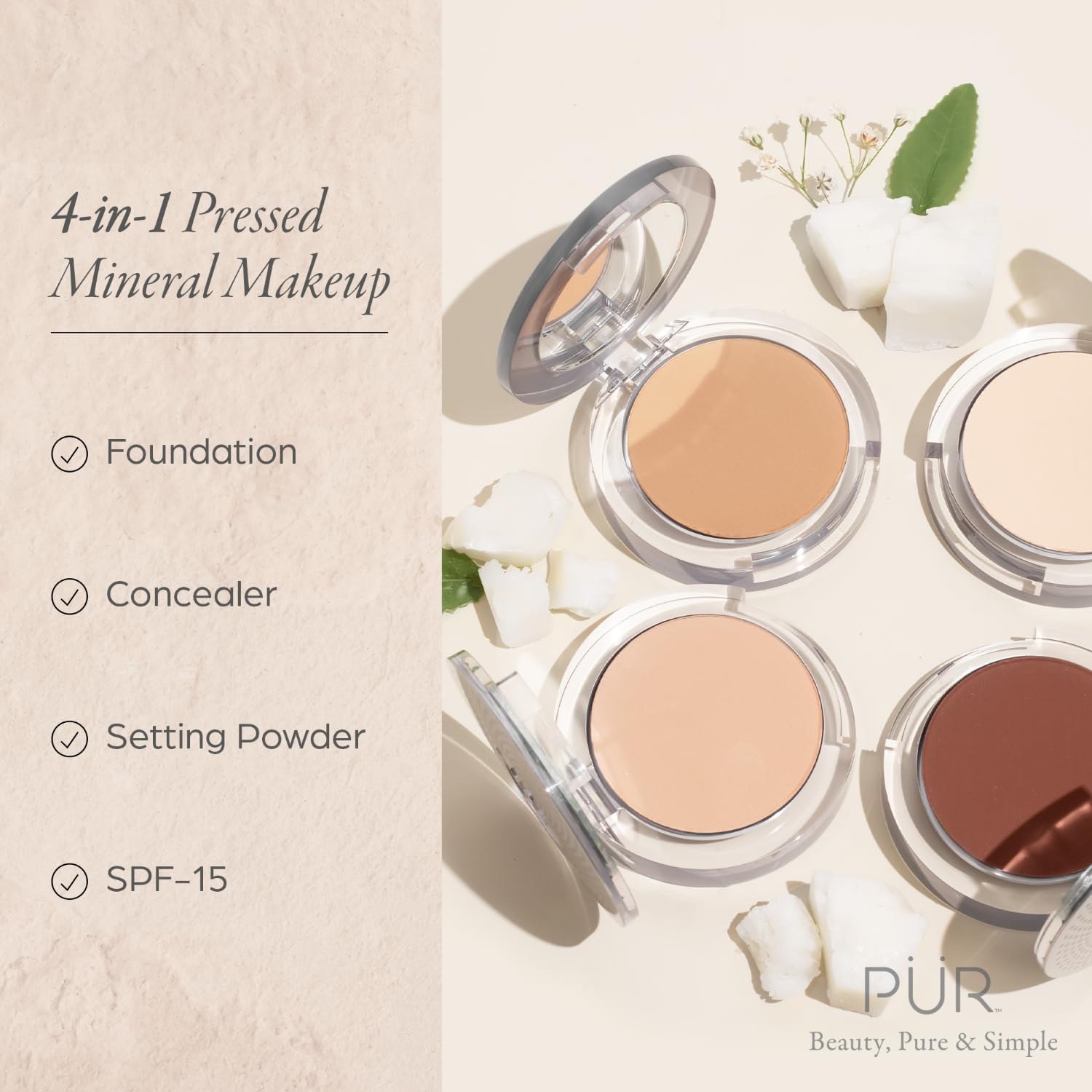 Pur Beauty 4-In-1 Pressed Mineral Makeup Powder Foundation With Spf 15 - Concealer & Finishing Compact Pressed Powder For Face -