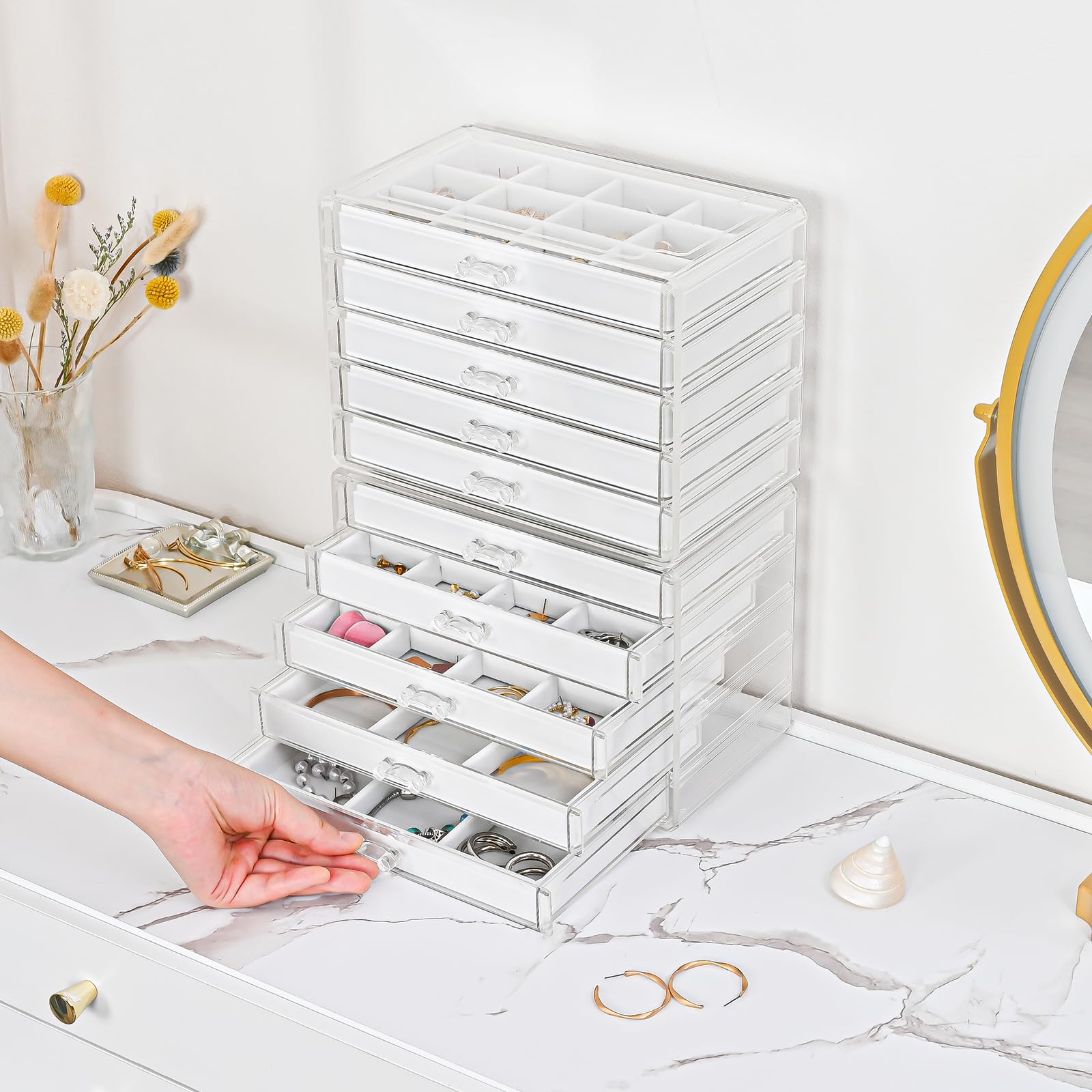 ProCase Earring Holder Organizer Jewelry Box with 10 Drawers, Acrylic Clear Earring Case with Adjustable Velvet Trays for Women