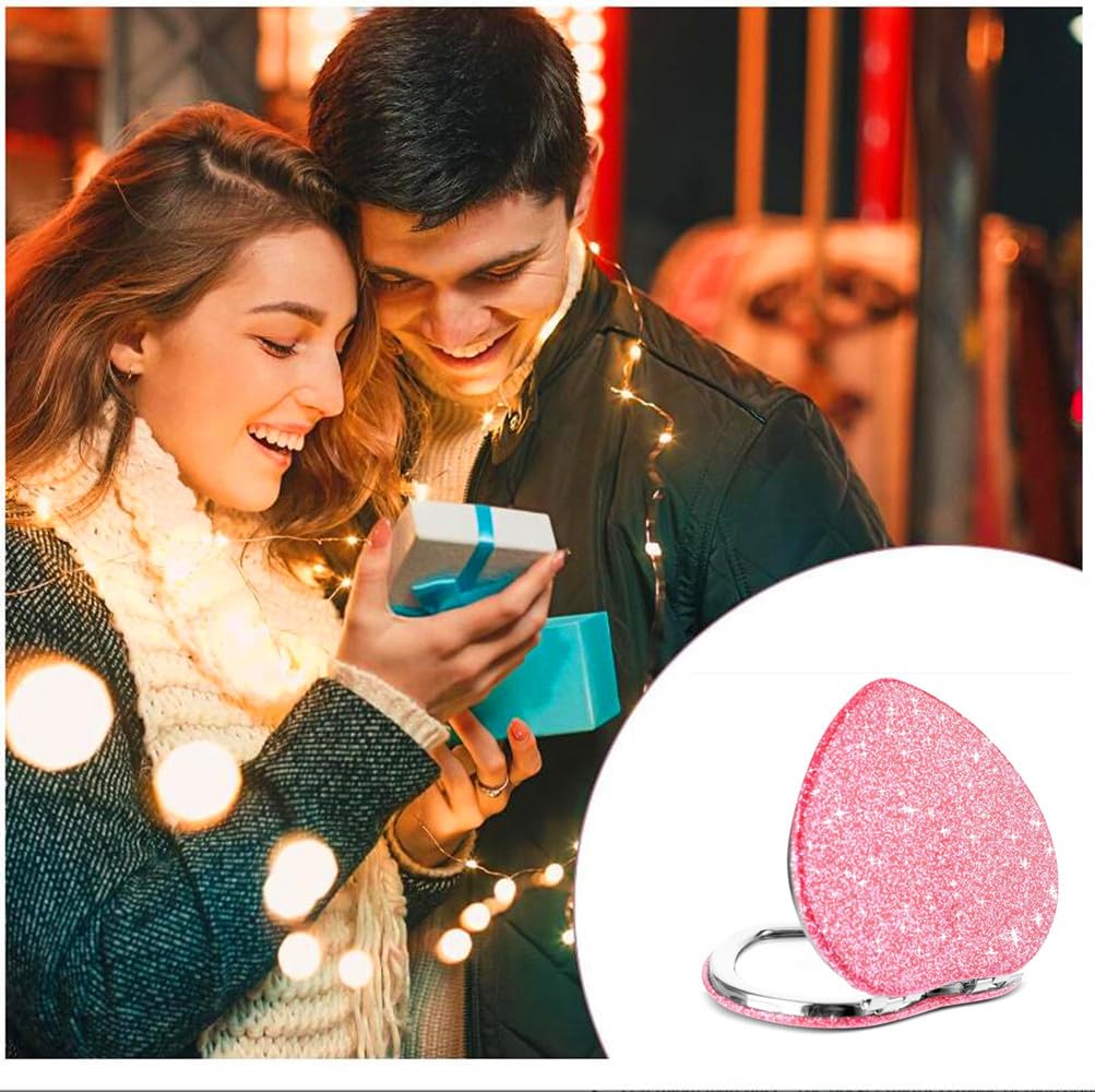 Mpowtech Cute Heart Shaped Compact Mirror For Women,Magnifying Travel Mirror With Glitter,Pink Small Pocket Mirror,Portable 2 X