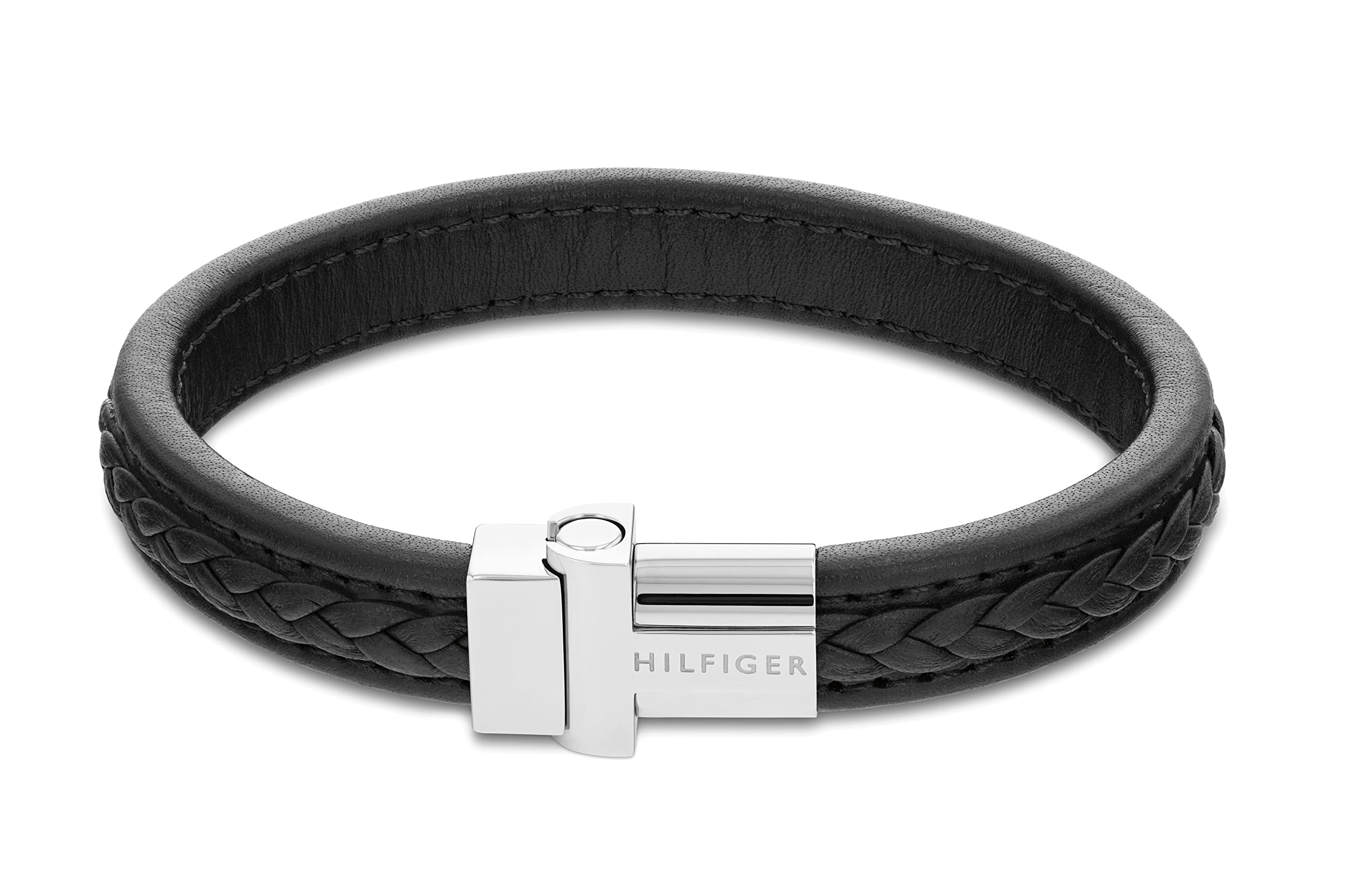Tommy Hilfiger Jewelry Mens Magnetic Braided Stainless Steel & Black Leather Bracelet Color: Black (Model: 2790375)