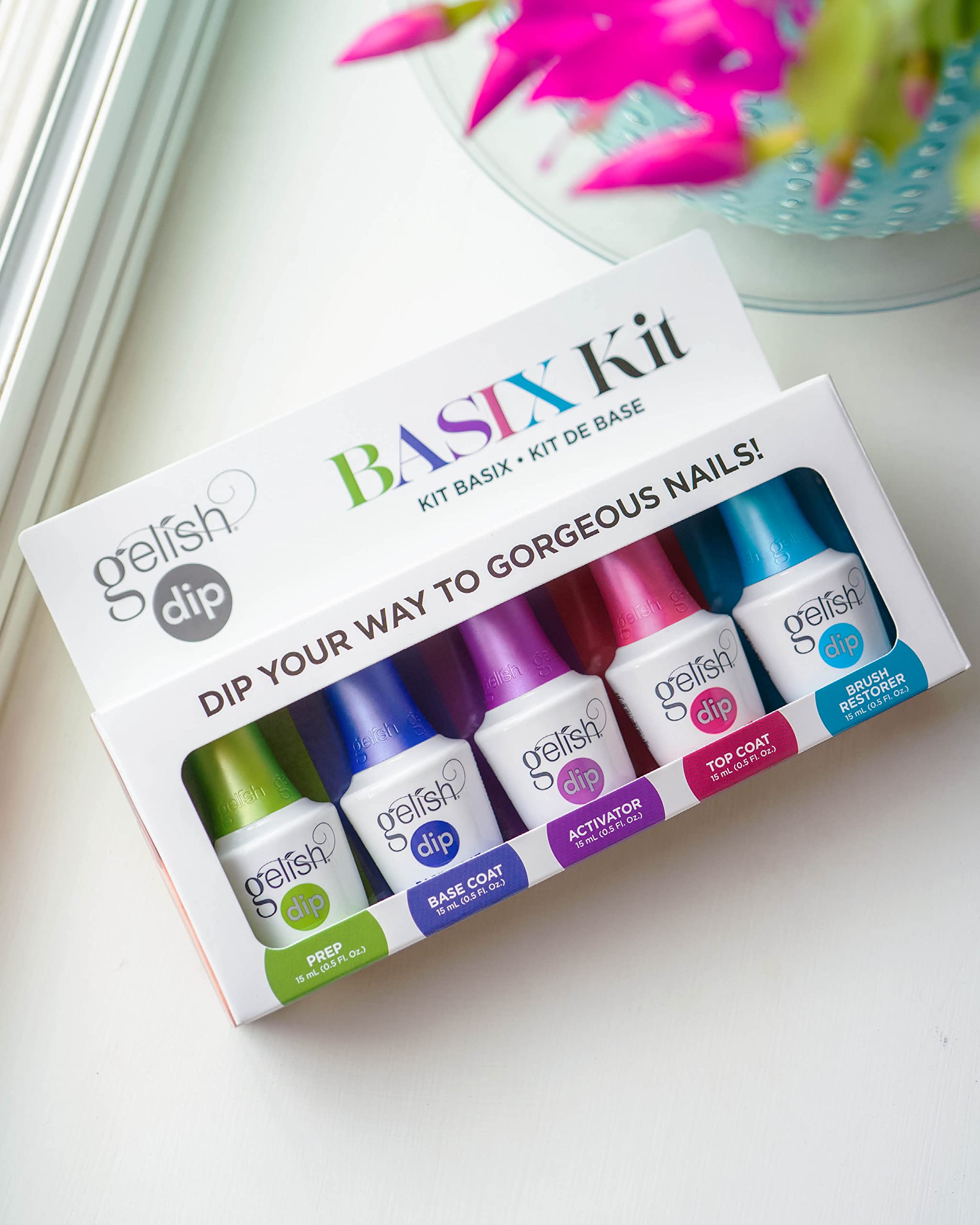Gelish Dip Basix Kit - Prep, Base Coat, Activator, Top Coat & Brush Restorer - Easy, Odor-Free, No UV or LED Lamp Required for L