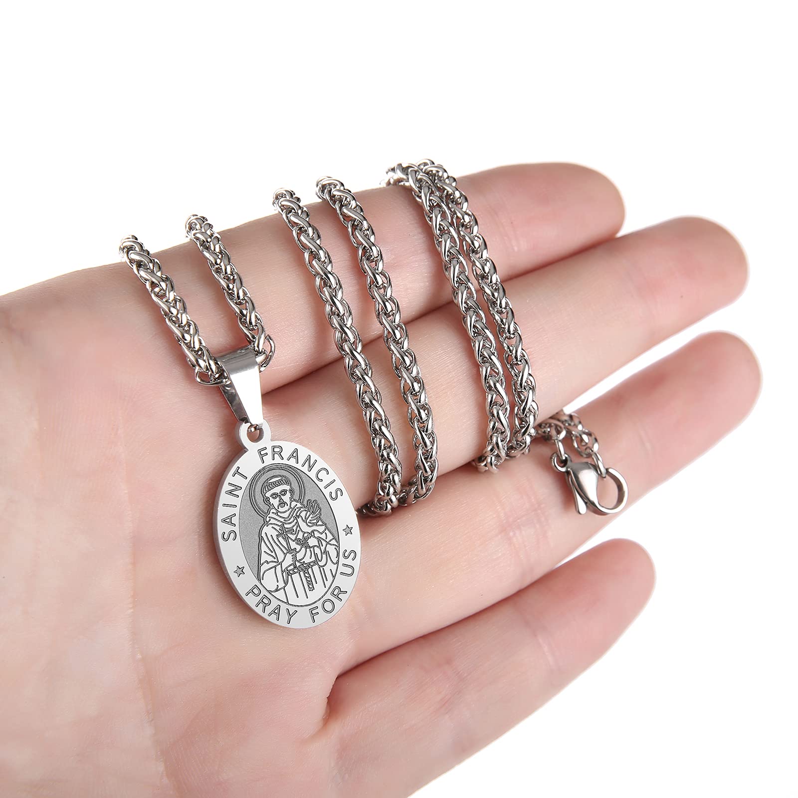 P. BLAKE Stainless Steel St Saint Francis of Assisi Medal Necklace for Men Women, Oval Catholic Patron Pendant Medallion Chain