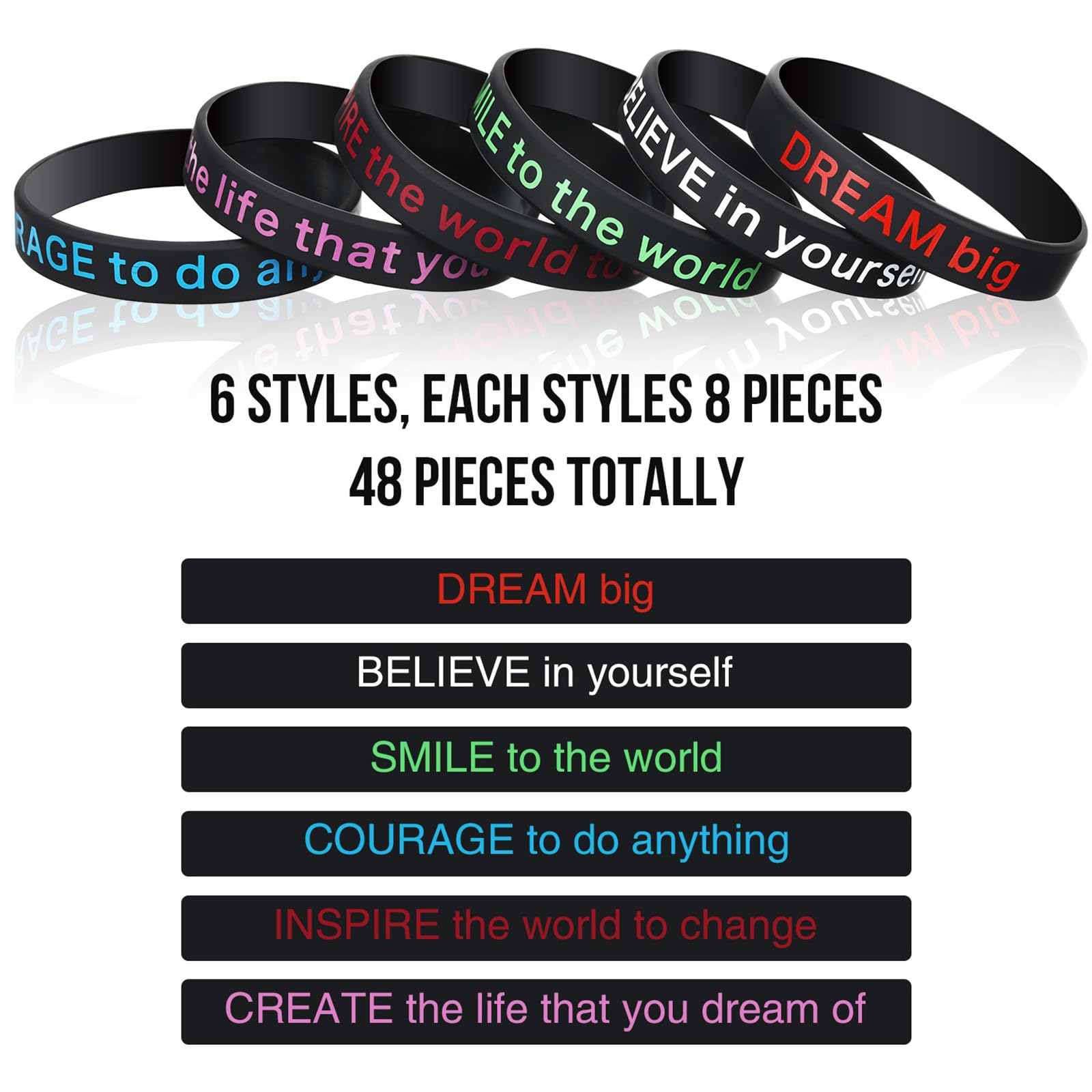 BBTO 48 Pcs Motivational Quote Rubber Bracelets Colored Inspirational Silicone Bracelets Stretch Bracelets for Men Women Black H