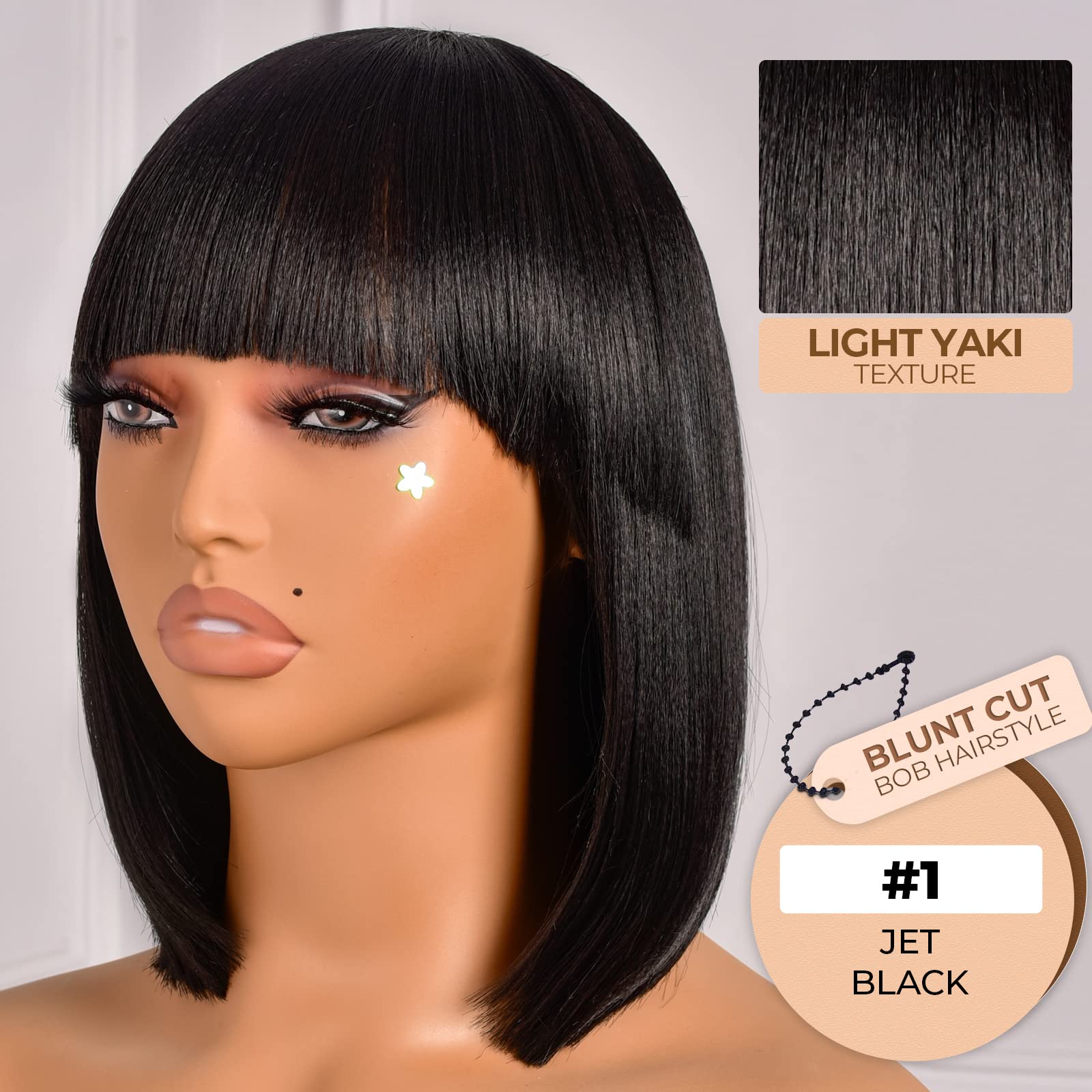 Toyotress Short Bob Wigs With Bangs - 12 Inch Jet Black Yaki Straight Hair Daily Costume Wig For Black Women, Soft Light Synthet