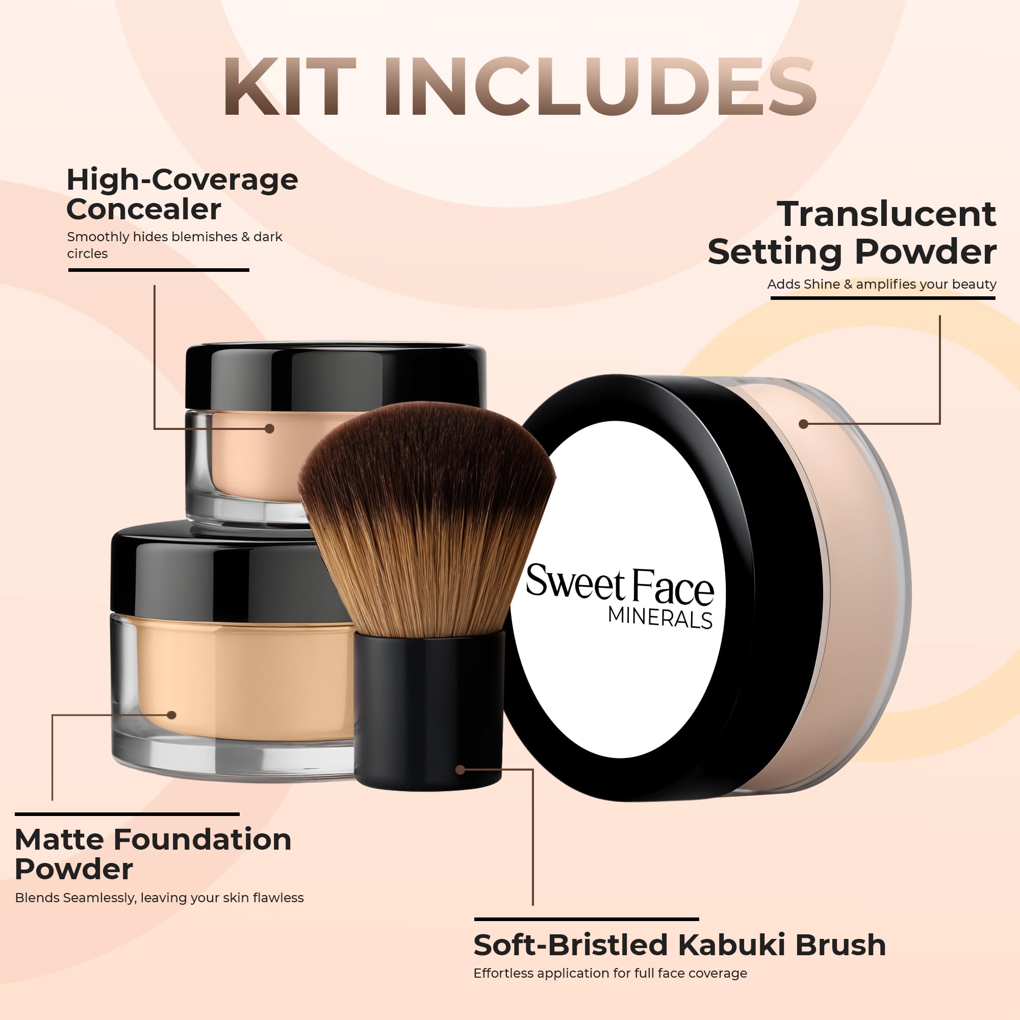 4Pc Full Size Kit (Warm Shade) Mineral Makeup Matte Translucent Loose Foundation + Kabuki Brush + Concealer + Finishing Setting