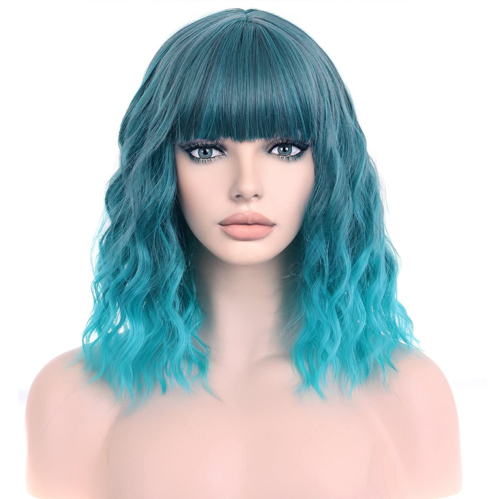 PATTNIUM Mixed Blue Wig Women Short Wavy Wig Teal Wig with Bangs Teal Blue Bob Wig Women Girls Heat Resistant Synthetic Fiber Co