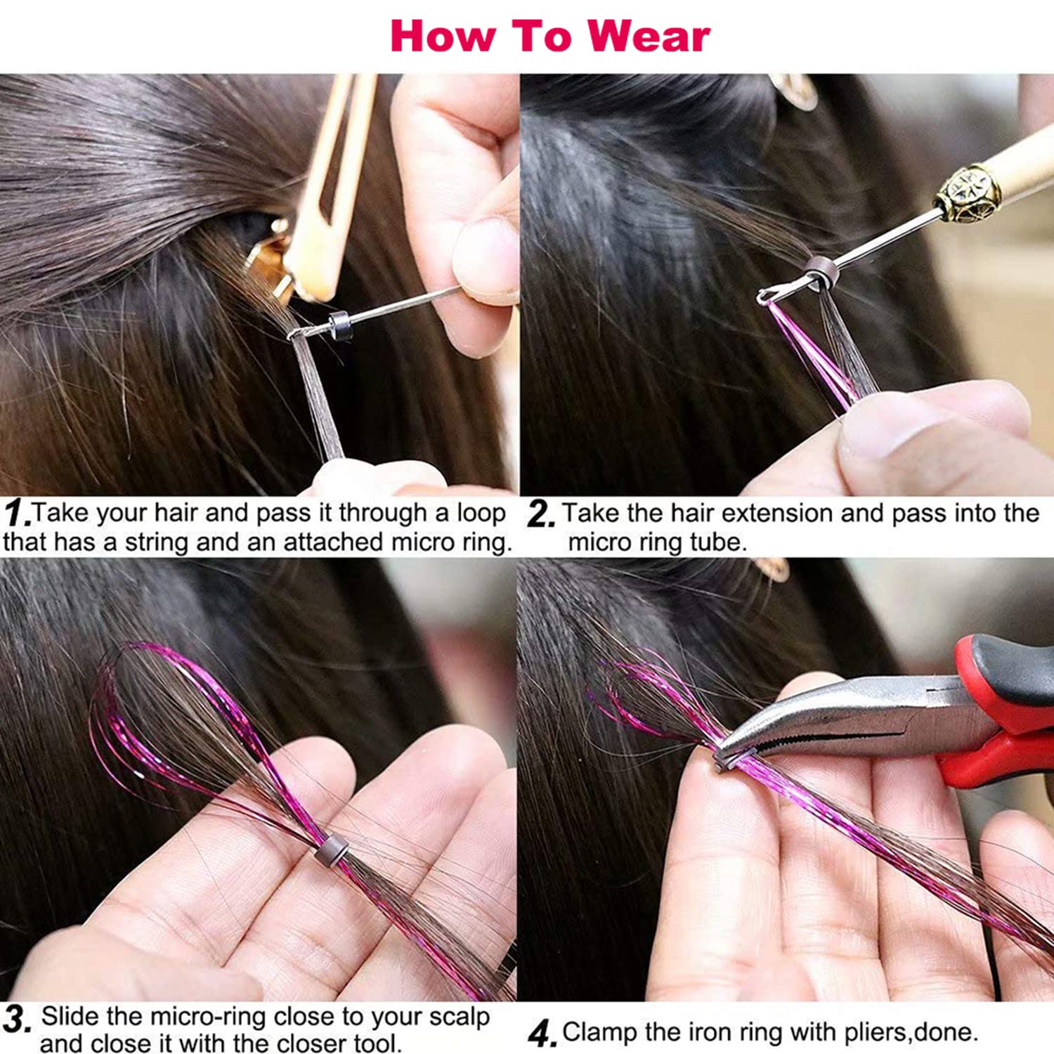 Gold Hair Tinsel Kit With Tool 6Pcs 1200 Strands Glitter Tinsel Hair Extensions Heat Resistant Sparkling Shiny Fairy Hair Access