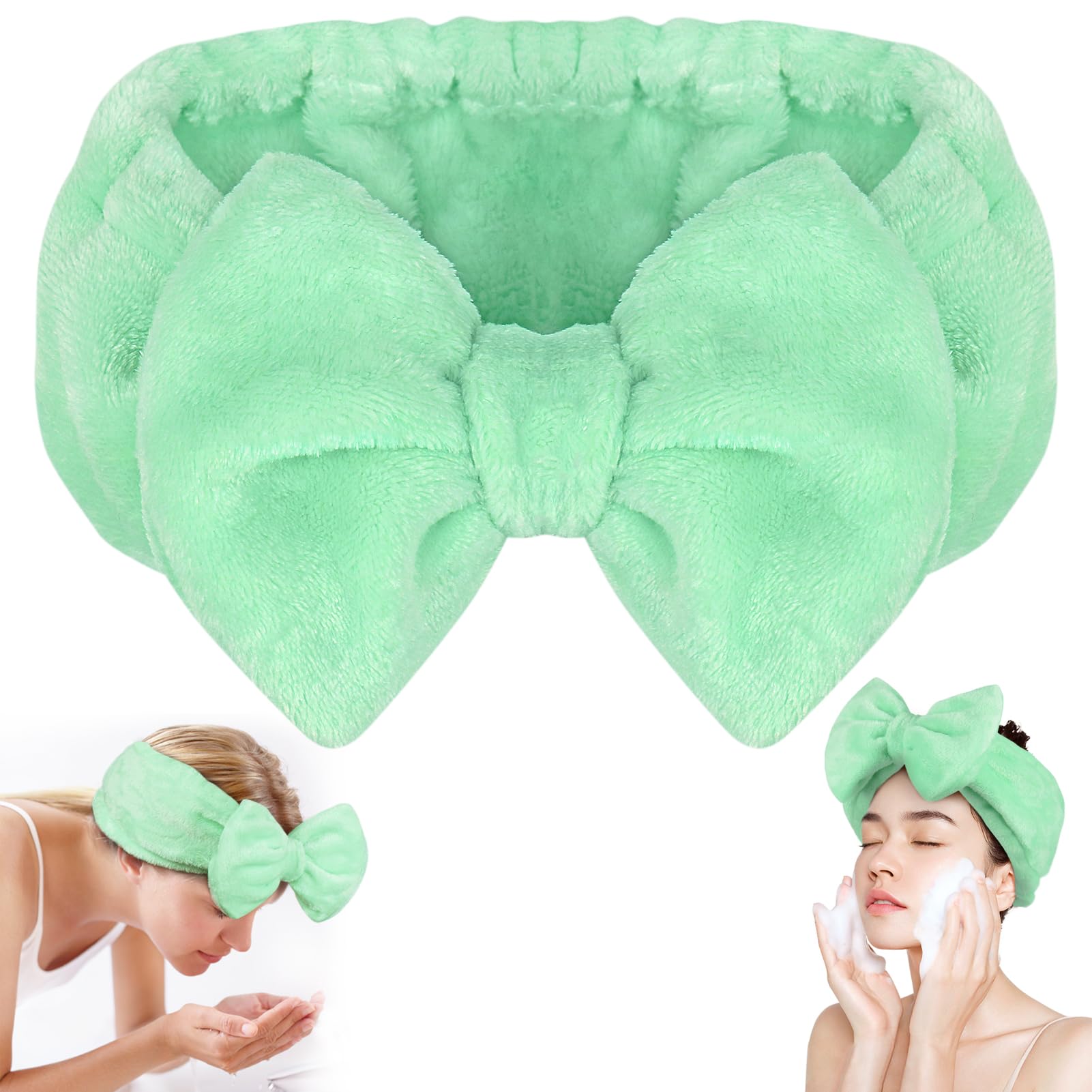 Shintop Makeup Headband, Soft Face Wash Headband With Cute Bow Elastic Spa Headband For Skincare Facial Mask Showers(Light Green