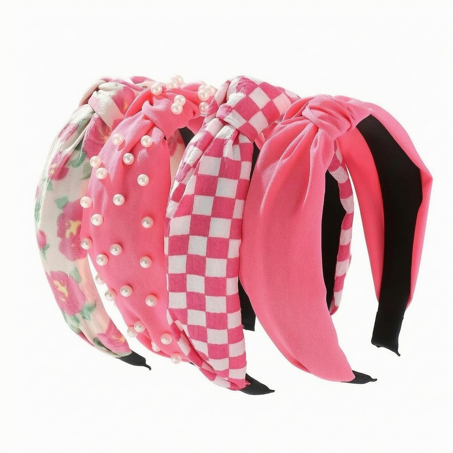 Snappsy 5 Pieces Floral Print Padded Headband Check Pattern Fabric Headband PearlDecorated Fabric Hairband Giftable Set, 5