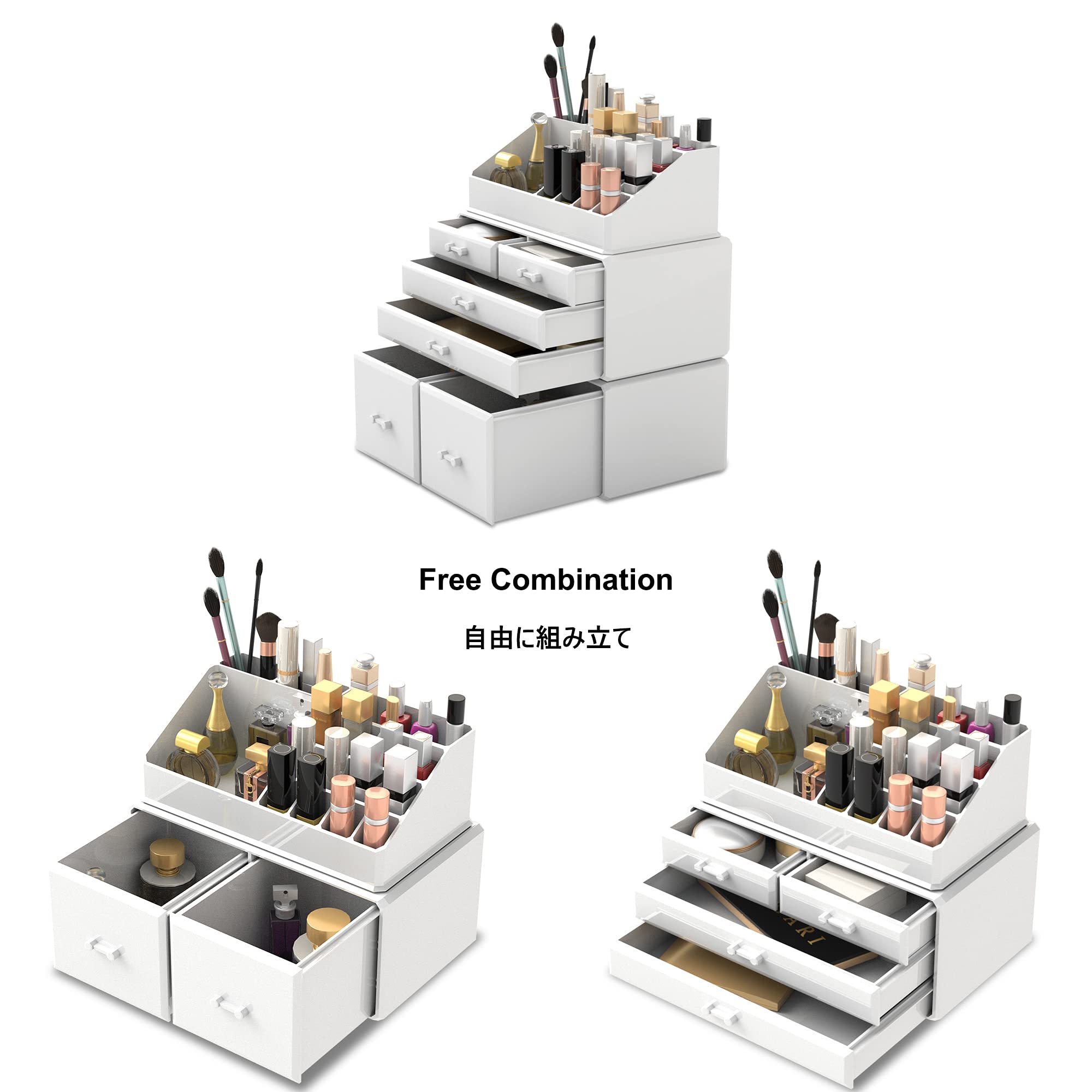READAEER Makeup Organizer - 3-Piece Cosmetic Storage Case with 6 Drawers, Plastic, White, Model 6D/TRP