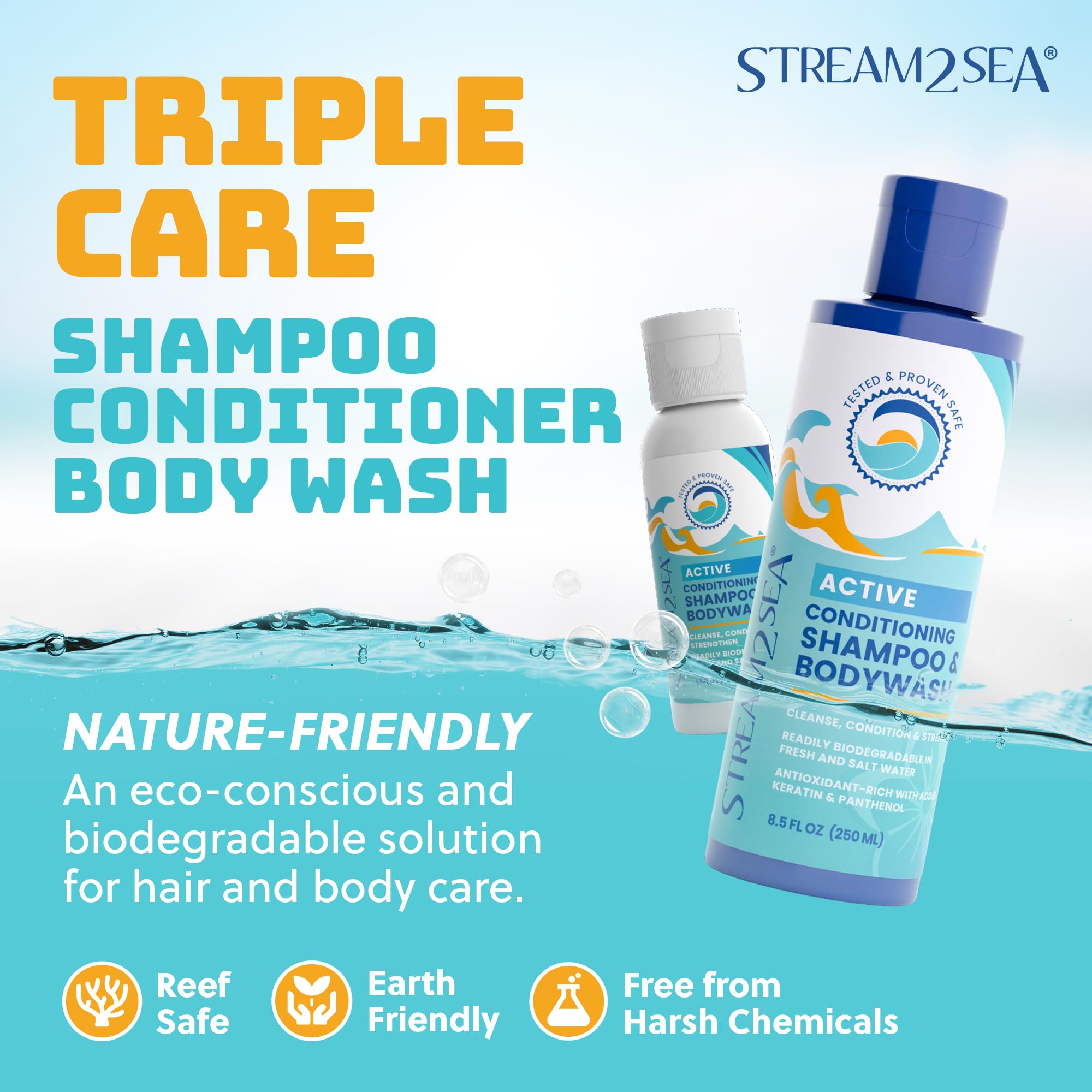 Non Toxic Shampoo and Conditioner, Body Wash 3 in 1 for Swim - Reef Safe Swimmers Shampoo for Men, Women or Kids - All Natural O