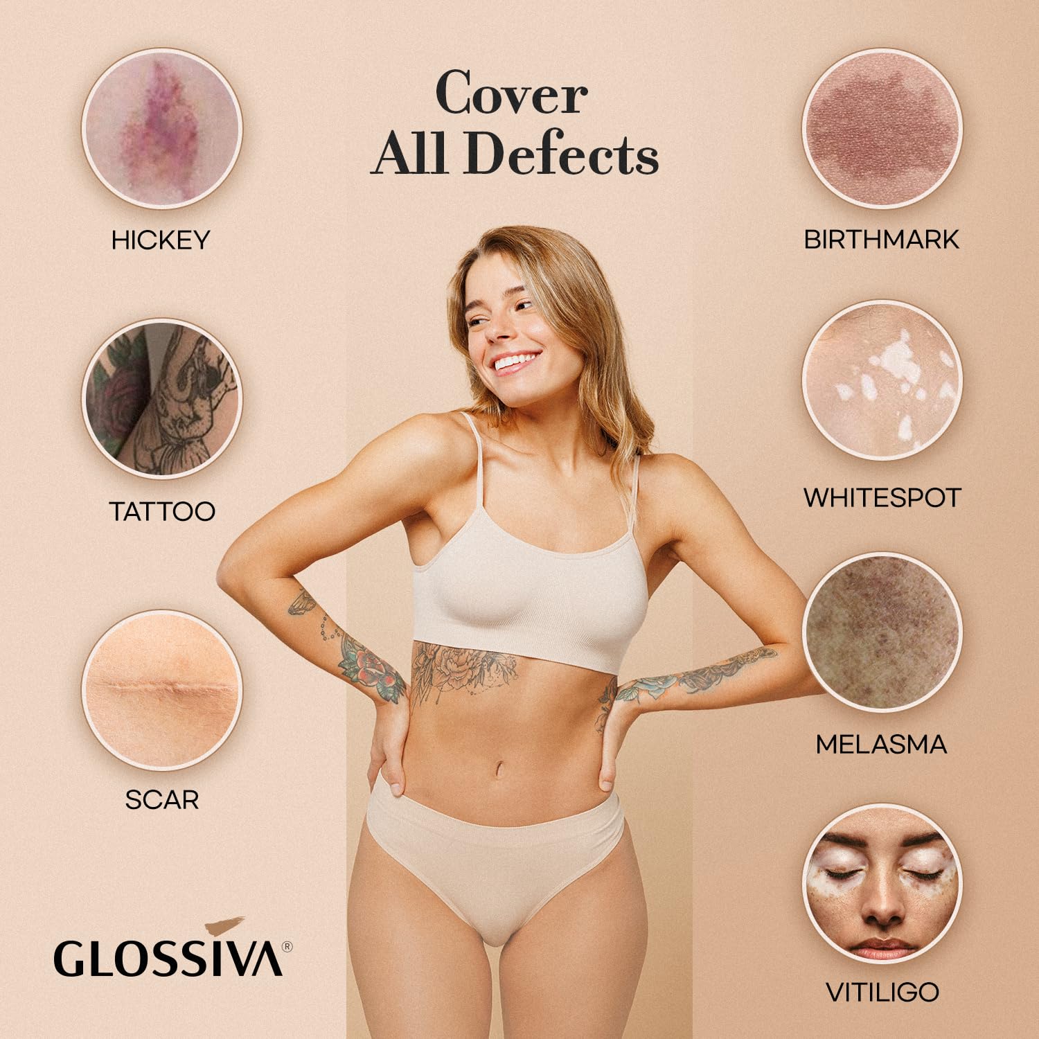Glossiva Tattoo Cover Up Makeup Waterproof Concealer For Dark Spots, Scars, Vitiligo, And More - 2X30Ml - Use On Body, For Legs,
