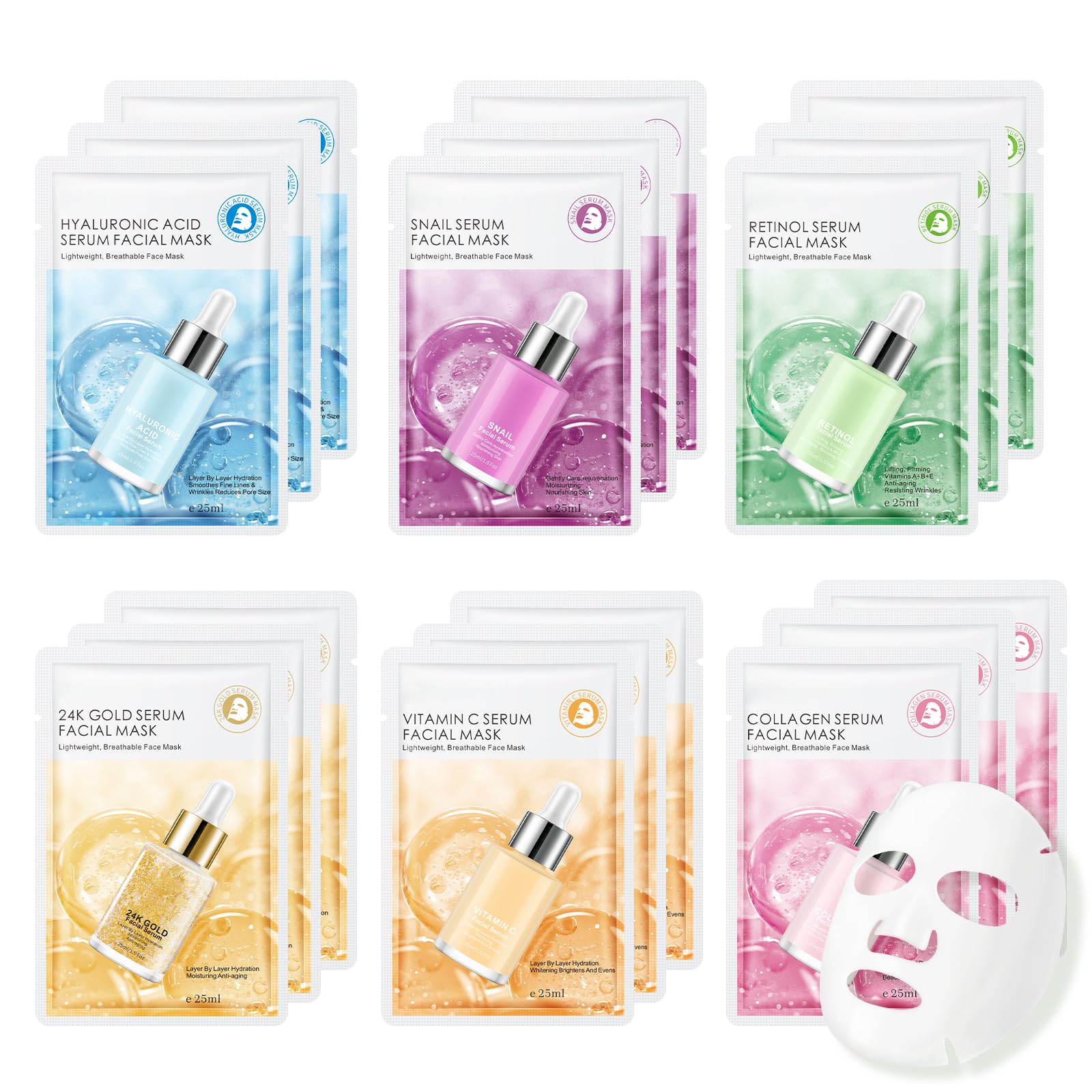 GUOYAOLIFU 18 Pack Serum Sheet Masks,Facial Masks Skincare for Women,Hydrating & Moisturizing Face Masks for All Skin Types,Smoo
